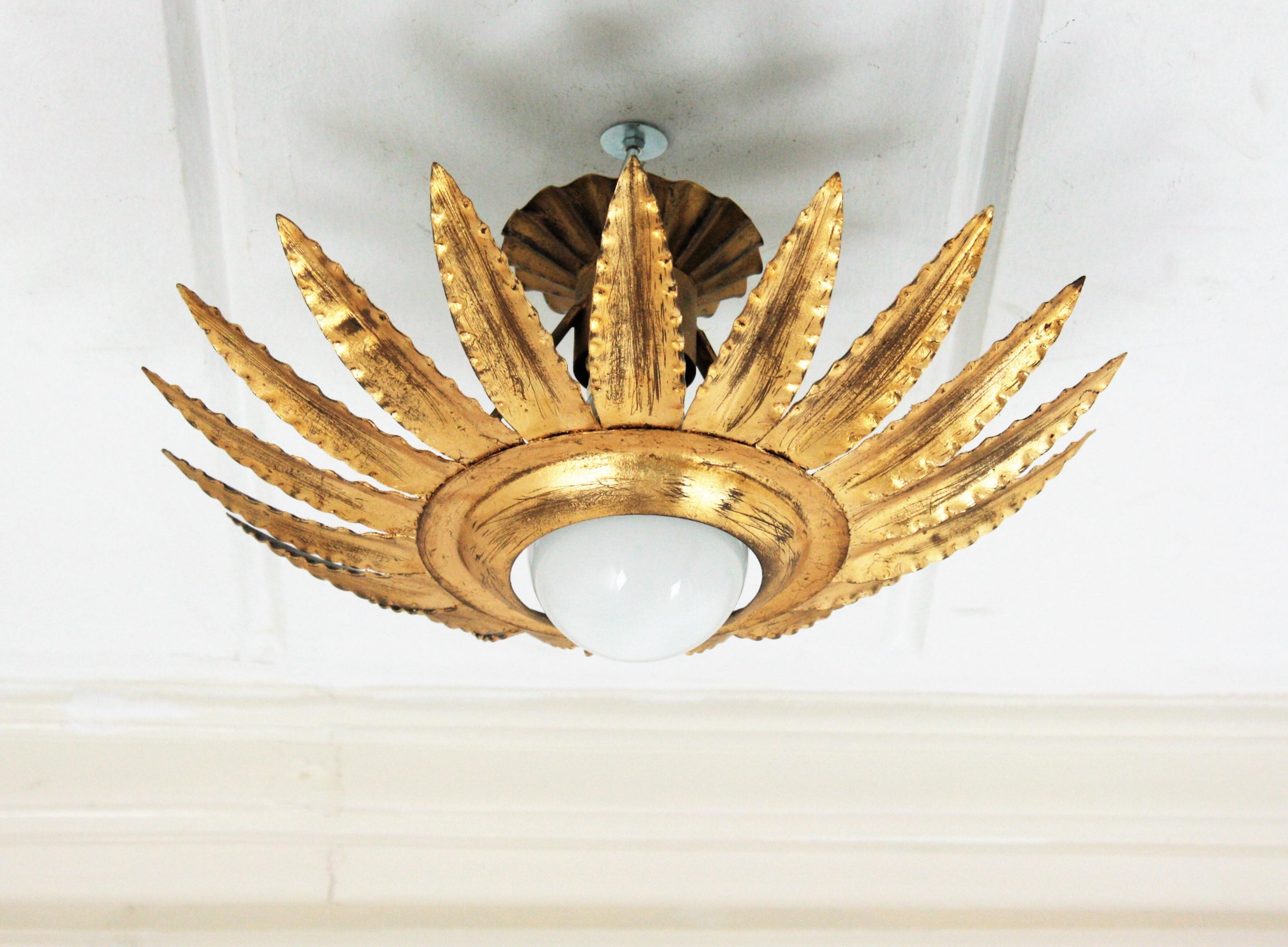 Sunburst Flower Light Fixture or Pendant in Gilt Metal For Sale 7