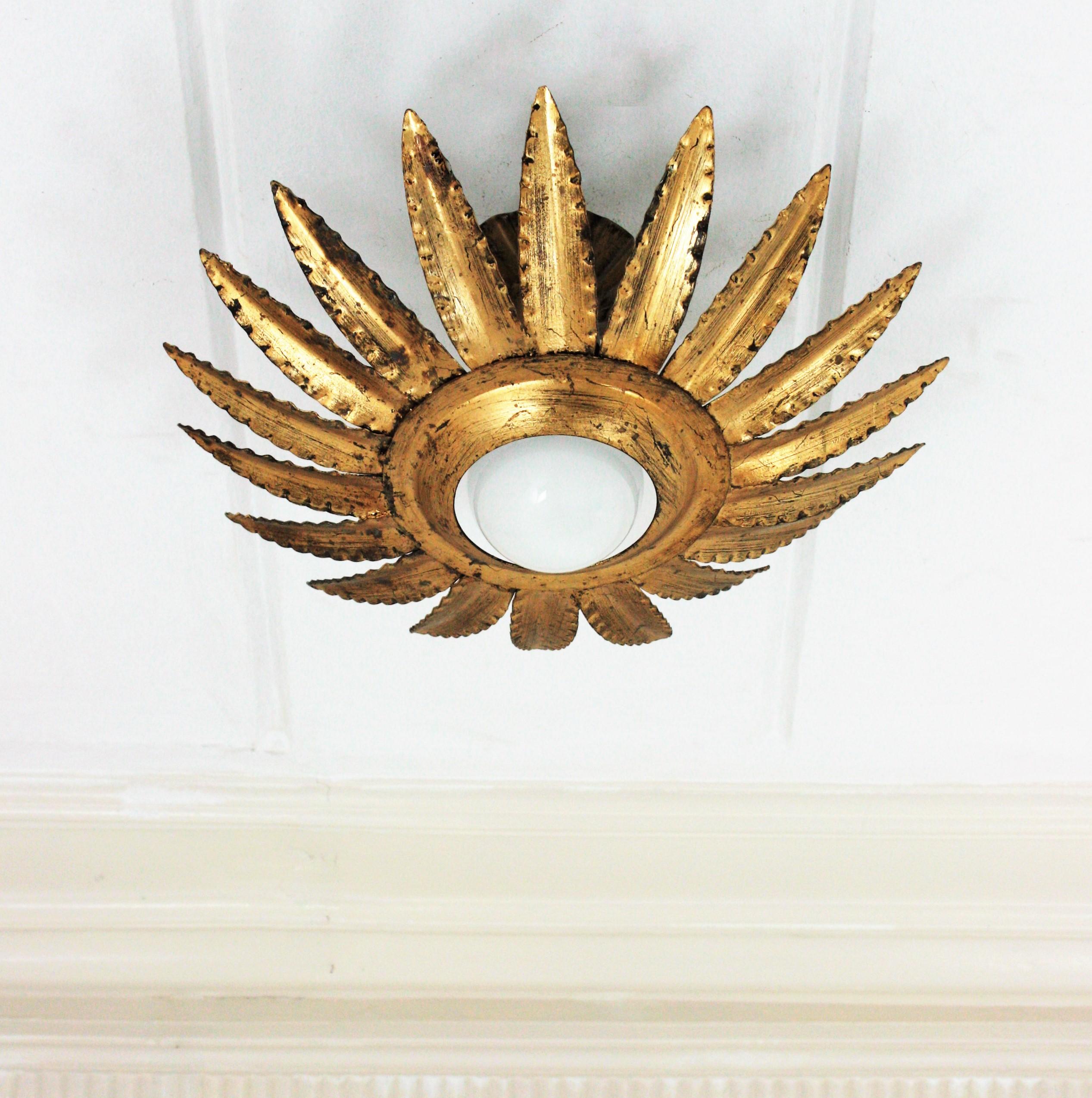 Mid-Century Modern Sunburst Flower Light Fixture or Pendant in Gilt Metal