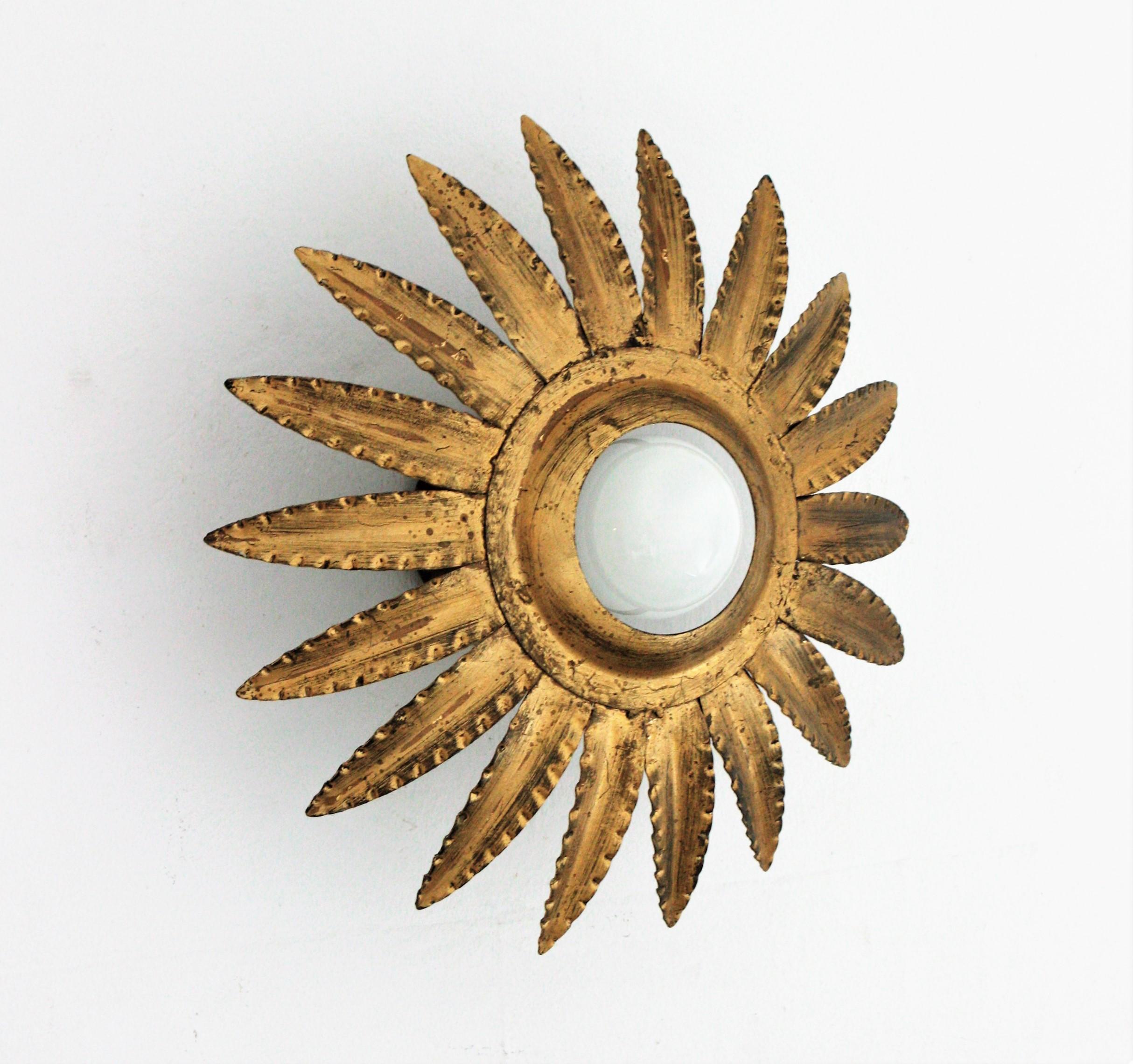 Mid-Century Modern Sunburst Flower Light Fixture or Pendant in Gilt Metal