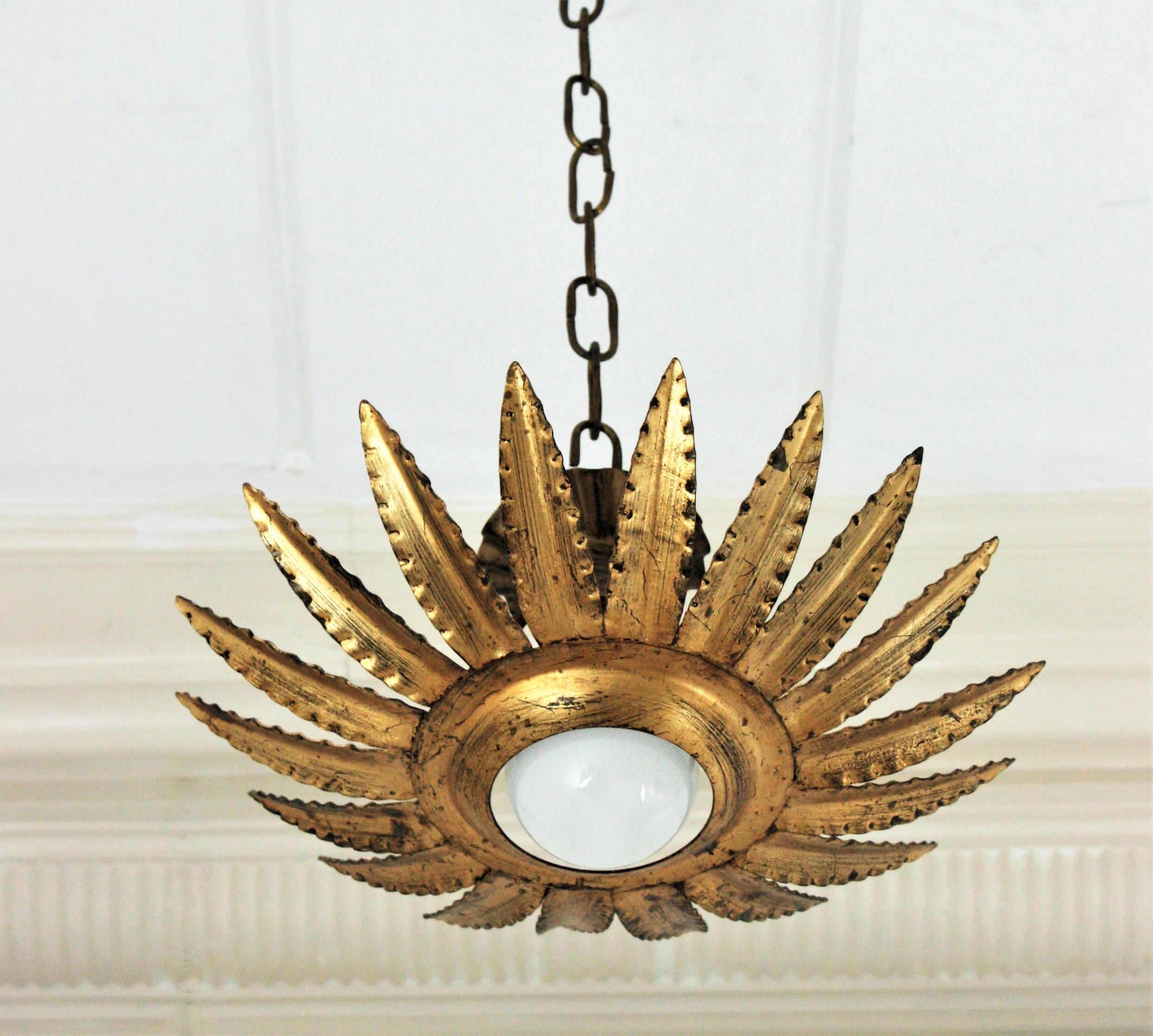 Spanish Sunburst Flower Light Fixture or Pendant in Gilt Metal