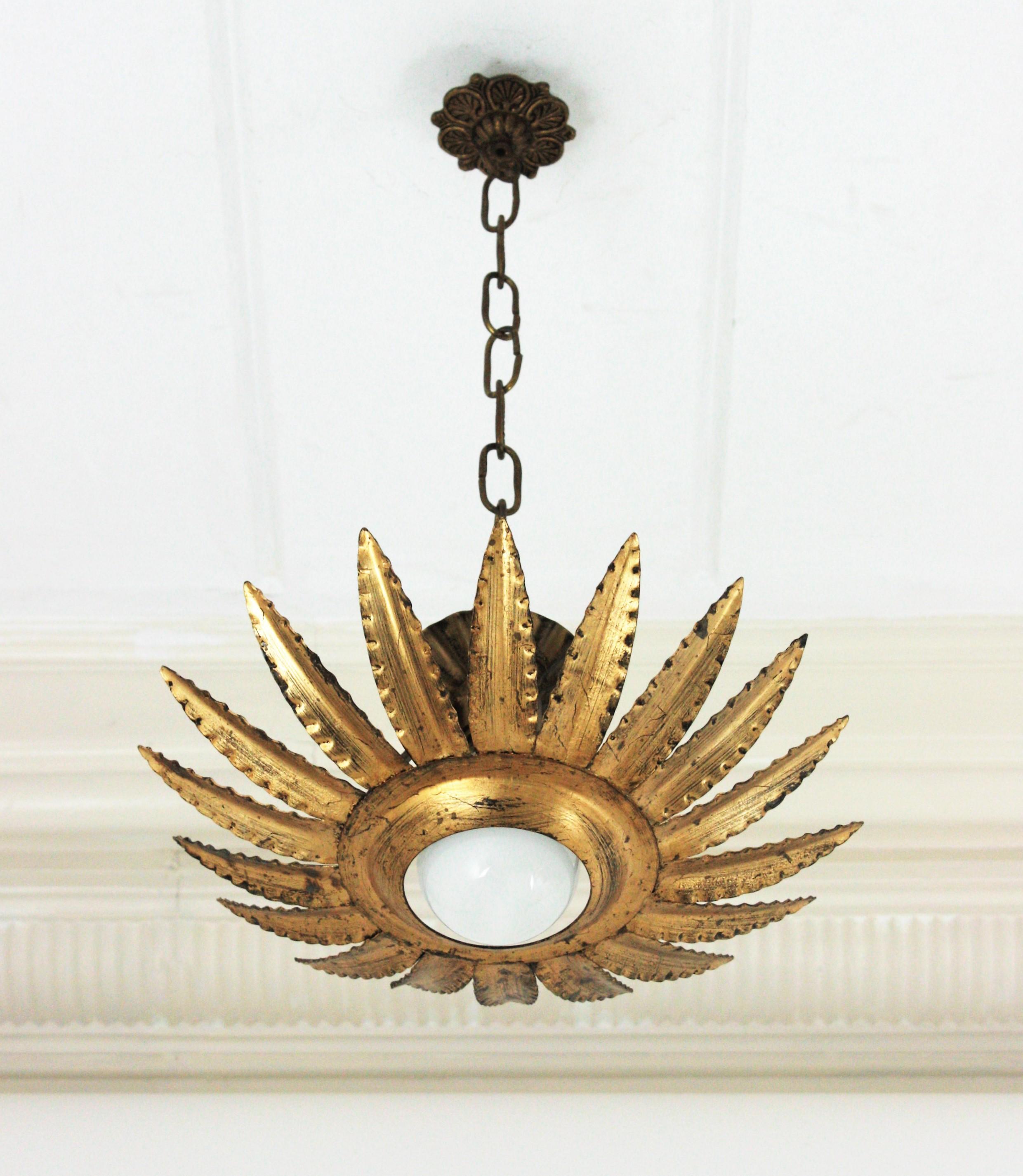 Spanish Sunburst Flower Light Fixture or Pendant in Gilt Metal
