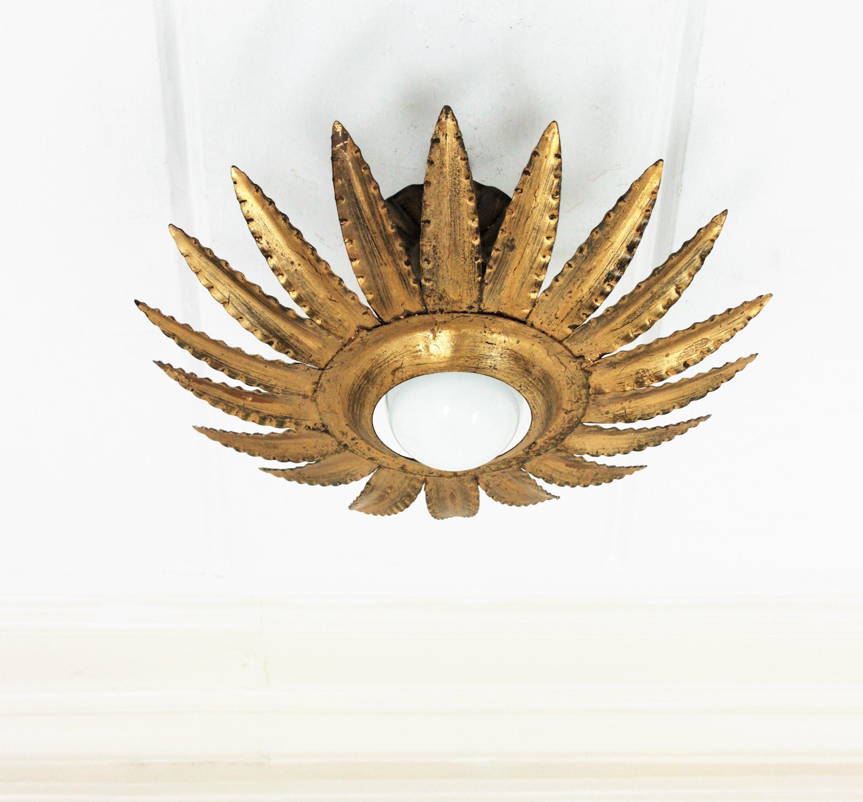 20th Century Sunburst Flower Light Fixture or Pendant in Gilt Metal