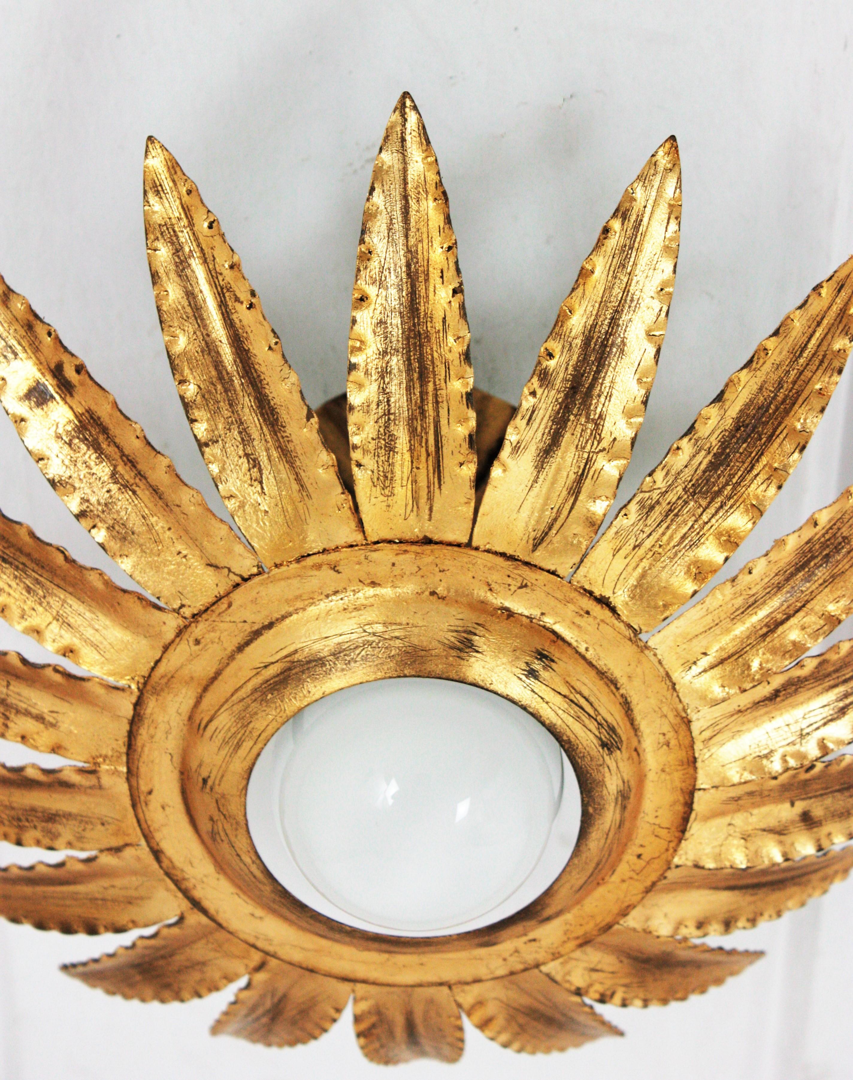Mid-Century Modern Sunburst Flower Light Fixture or Pendant in Gilt Metal For Sale