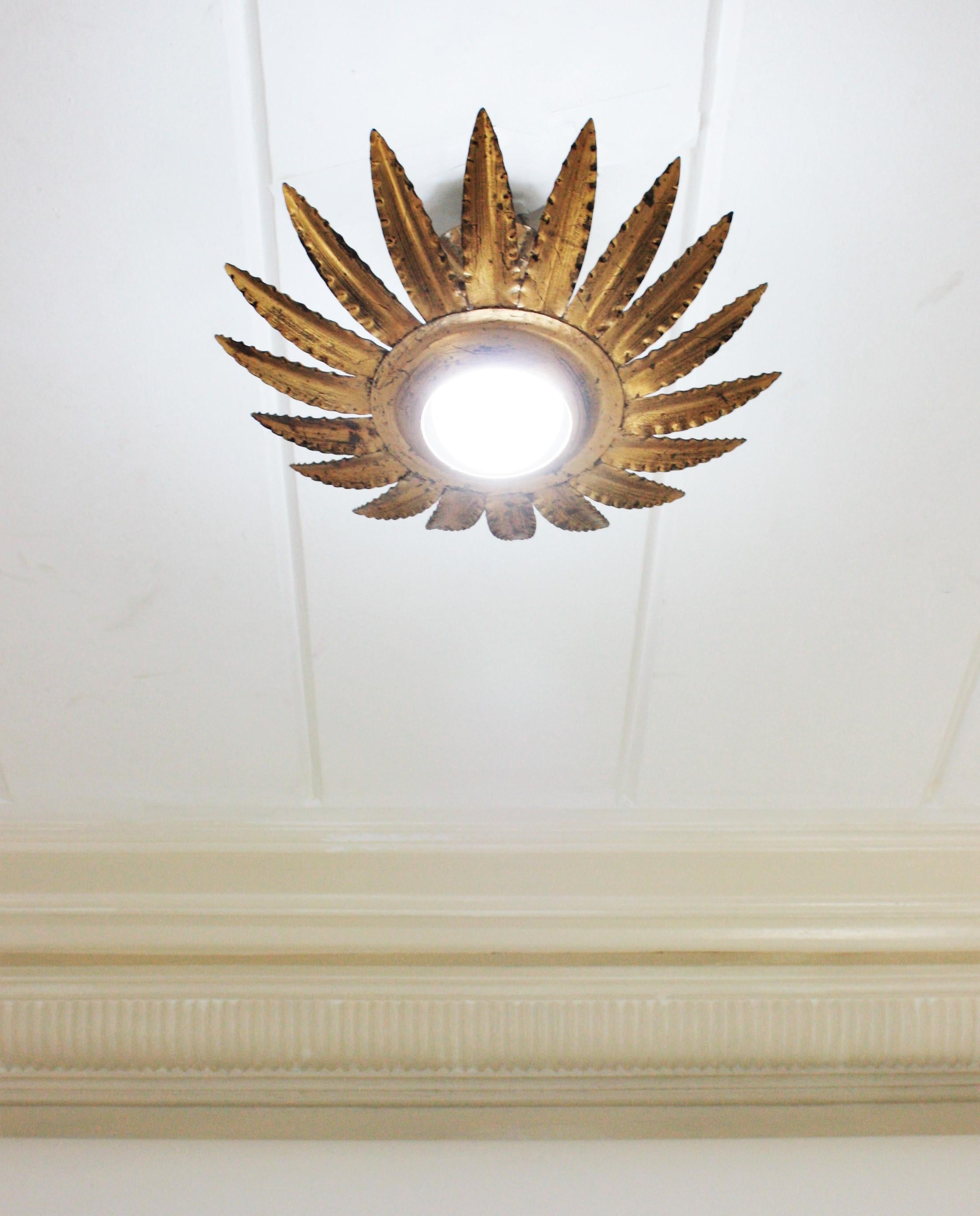 Wrought Iron Sunburst Flower Light Fixture or Pendant in Gilt Metal