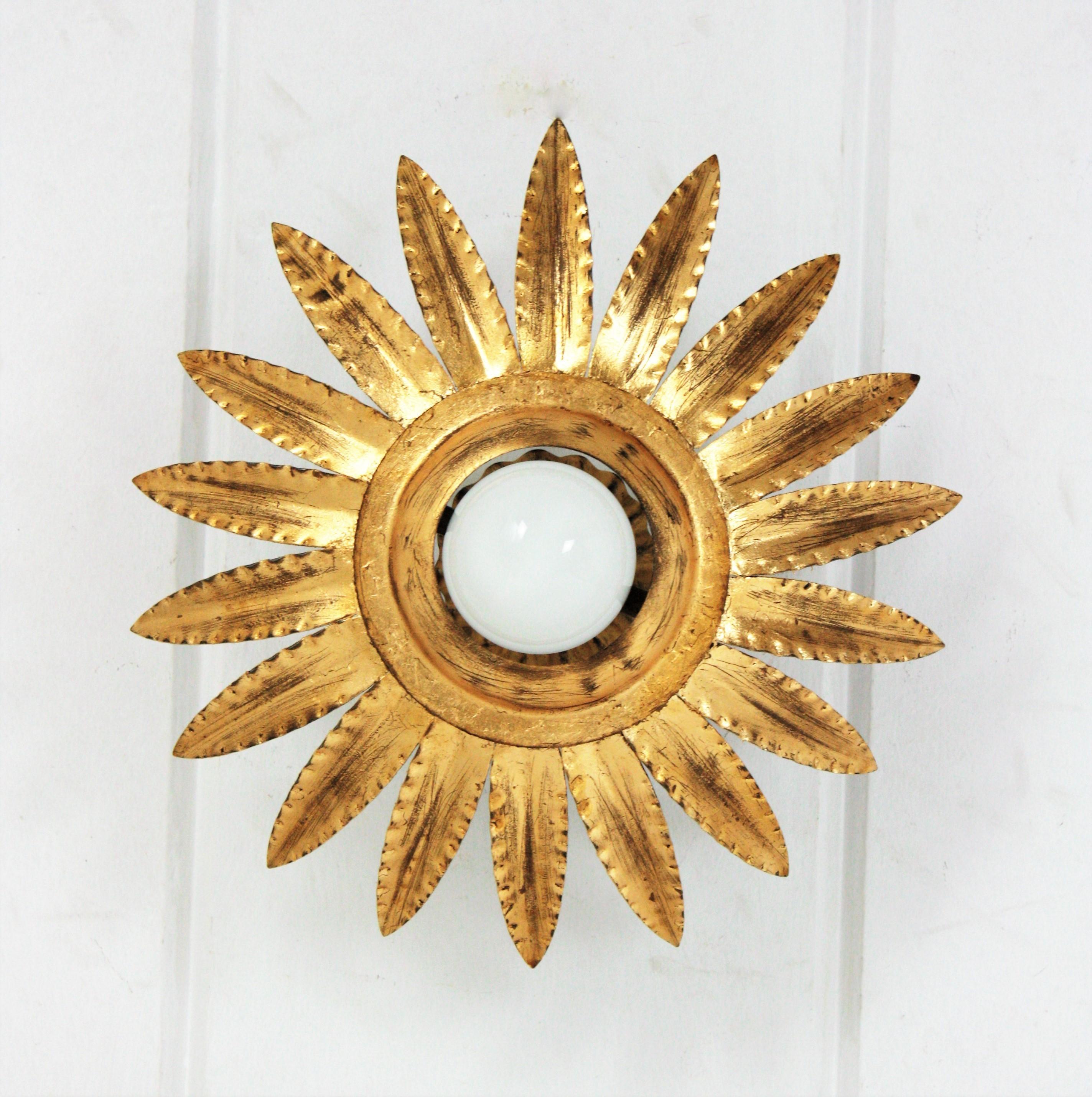 Spanish Sunburst Flower Light Fixture or Pendant in Gilt Metal For Sale