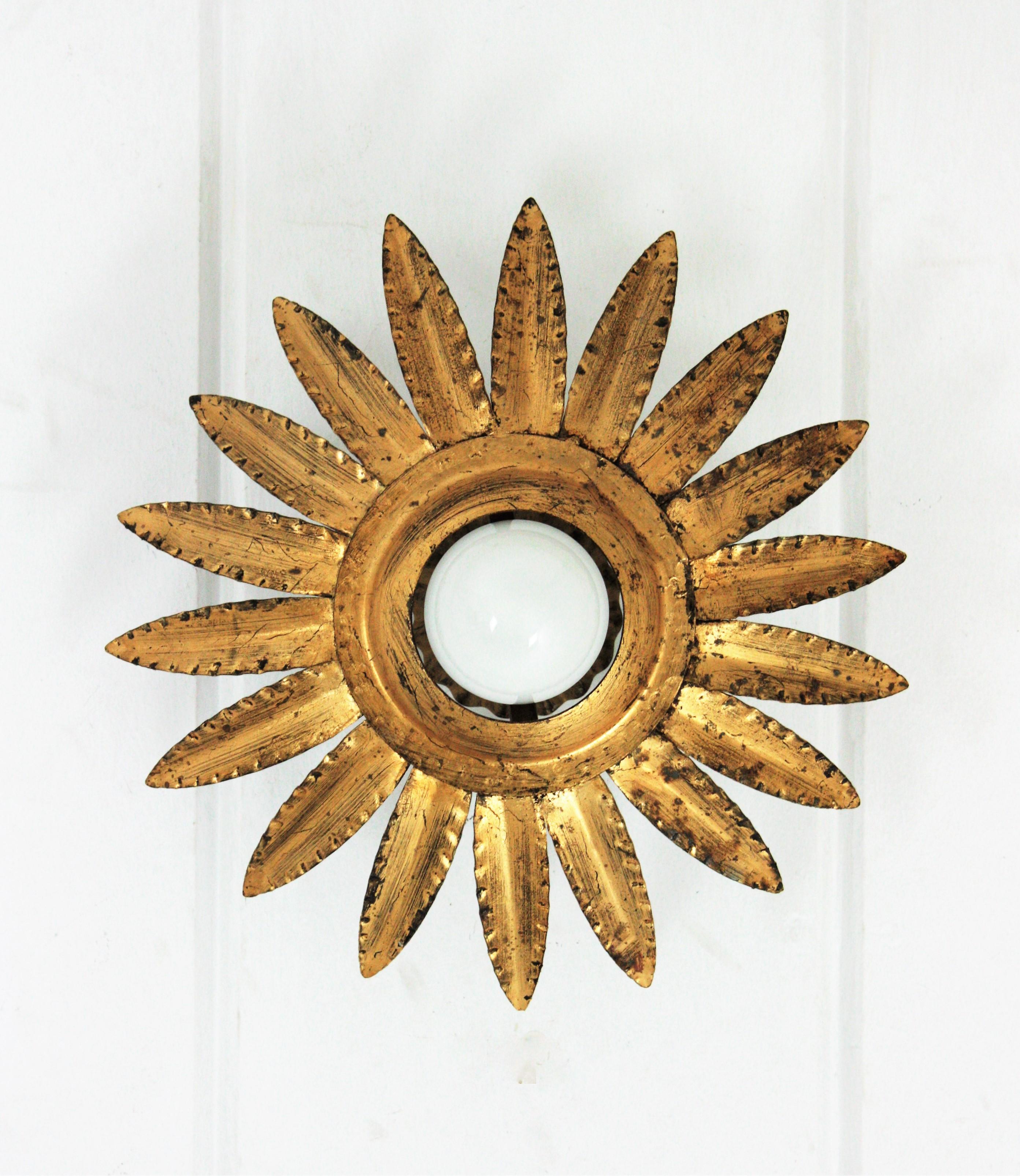 Sunburst Flower Light Fixture or Pendant in Gilt Metal 2