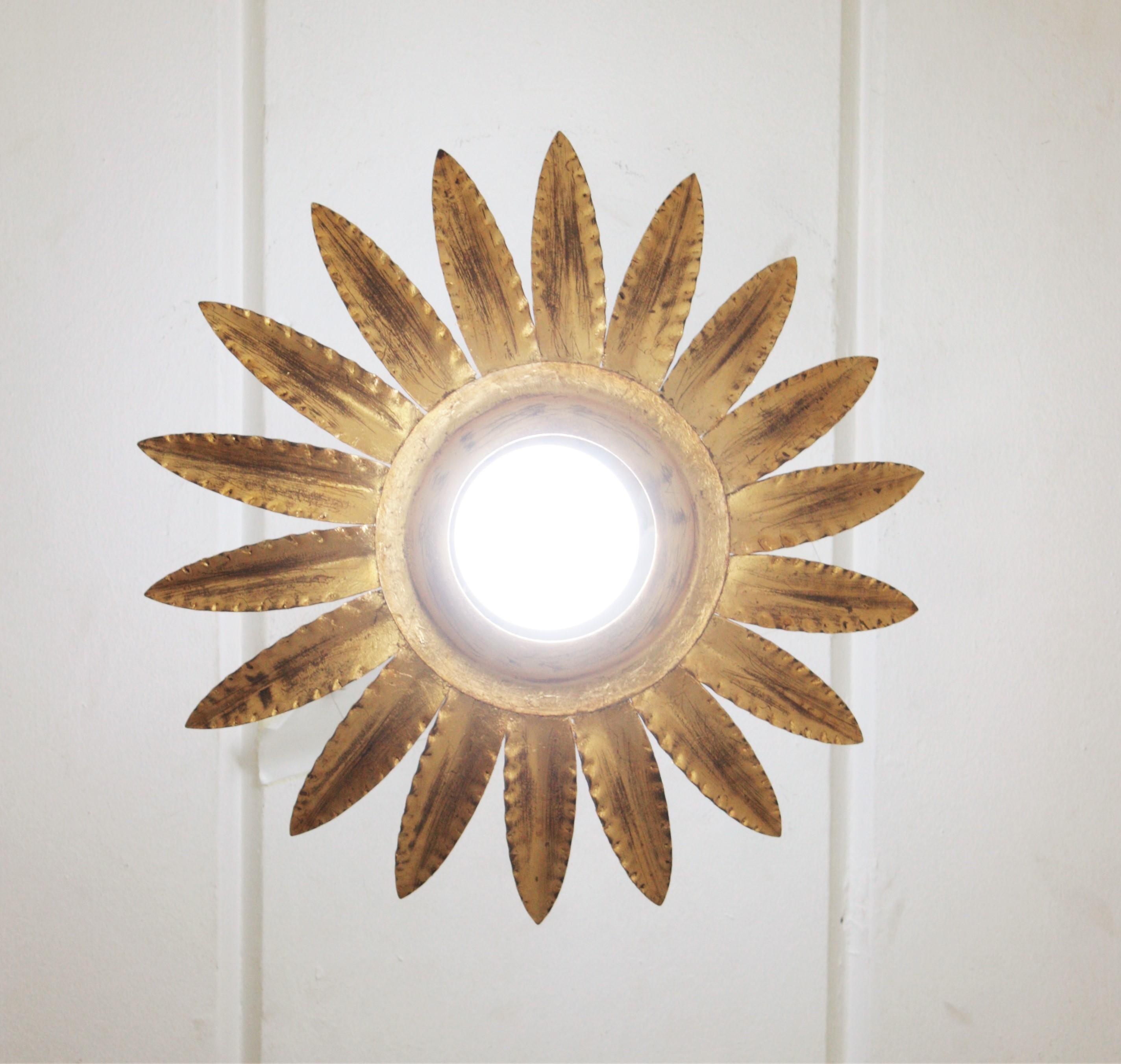 20th Century Sunburst Flower Light Fixture or Pendant in Gilt Metal For Sale
