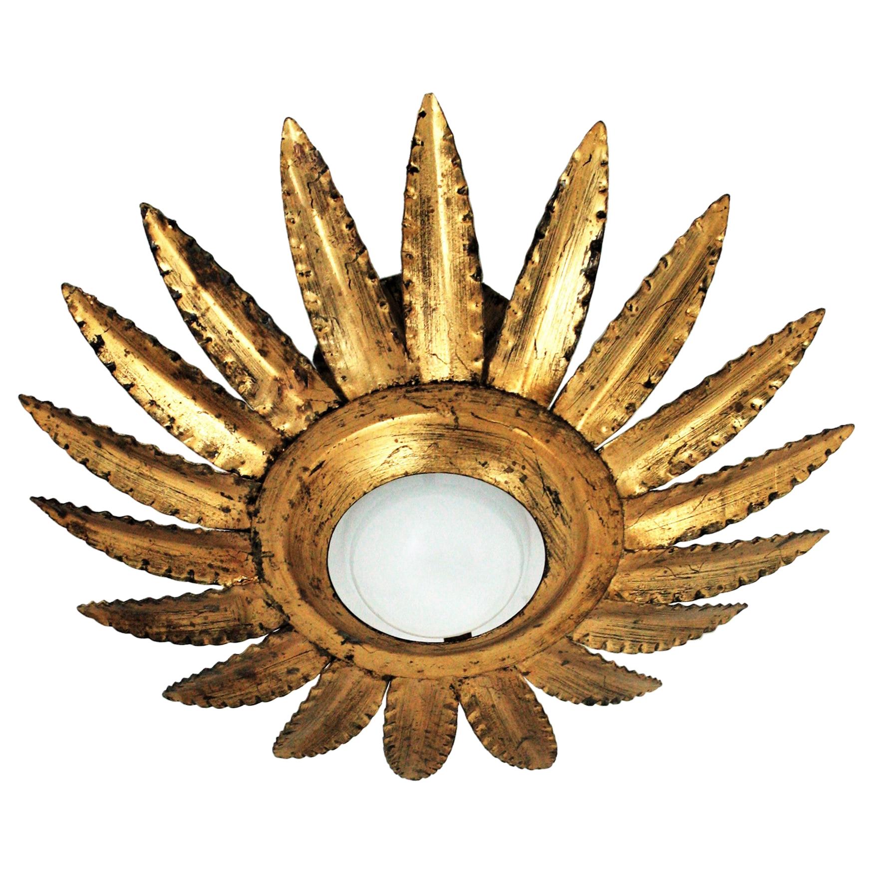 Sunburst Flower Light Fixture or Pendant in Gilt Metal