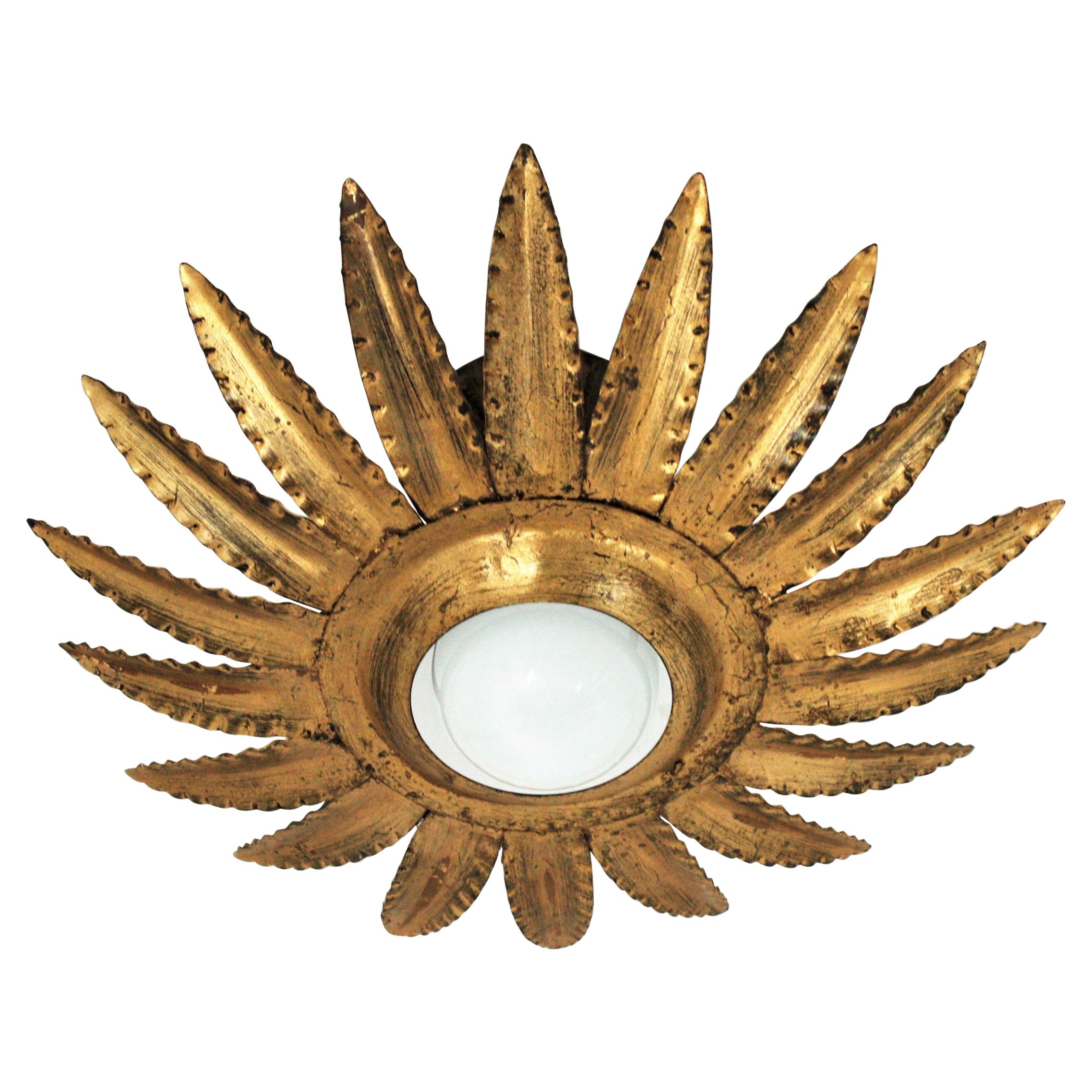 Sunburst Flower Light Fixture or Pendant in Gilt Metal