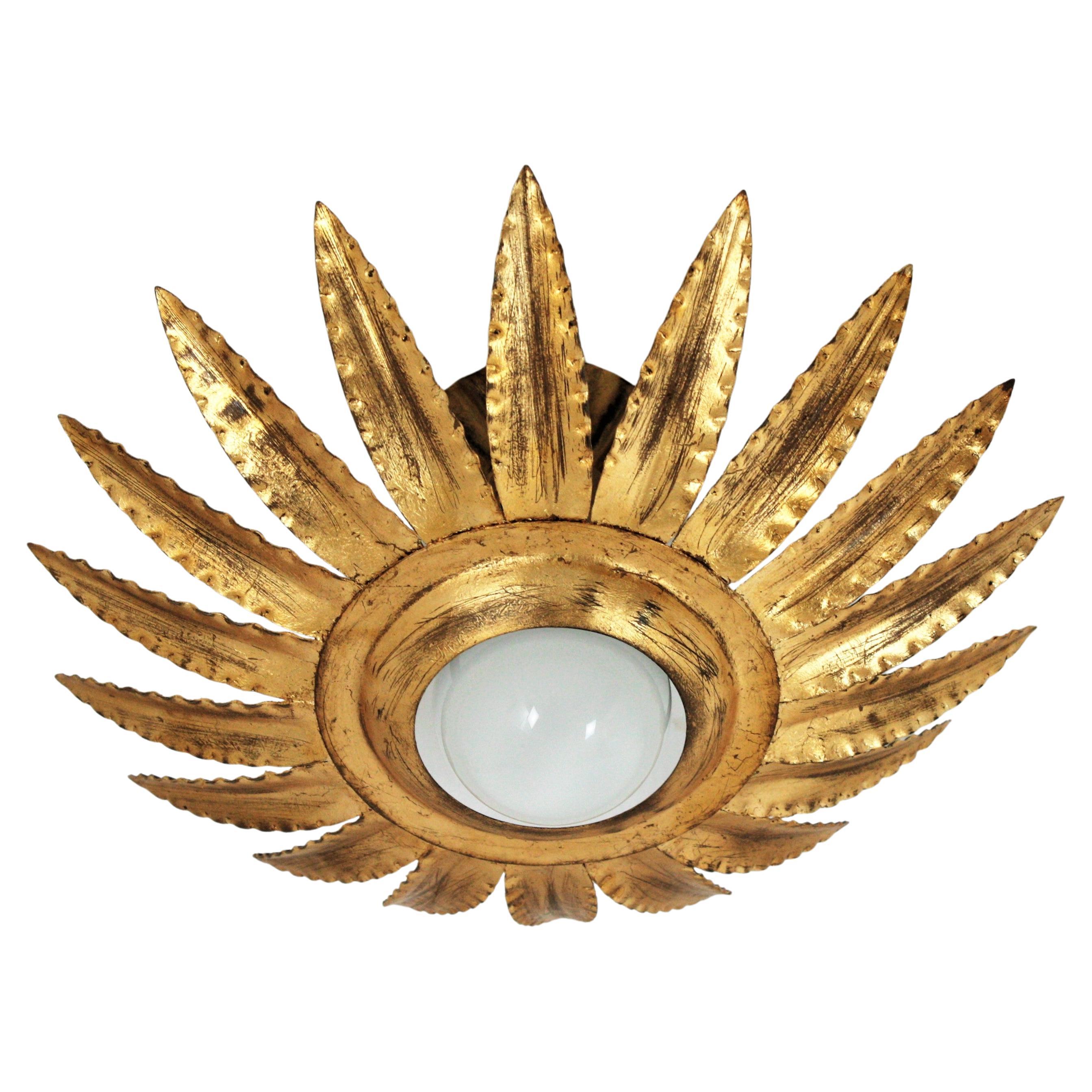 Sunburst Flower Light Fixture or Pendant in Gilt Metal