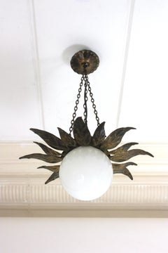 Sunburst Flower Pendant Light Fixture in Gilt Metal with Milk Glass Globe, 1950