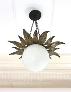 Sunburst Flower Pendant Light Fixture in Gilt Metal with Milk Glass Globe, 1950