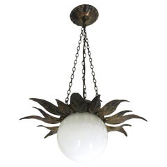 Sunburst Flower Pendant Light Fixture in Gilt Metal with Milk Glass Globe, 1950