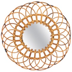 Specchio da parete Sunburst Flower in rattan, anni '60