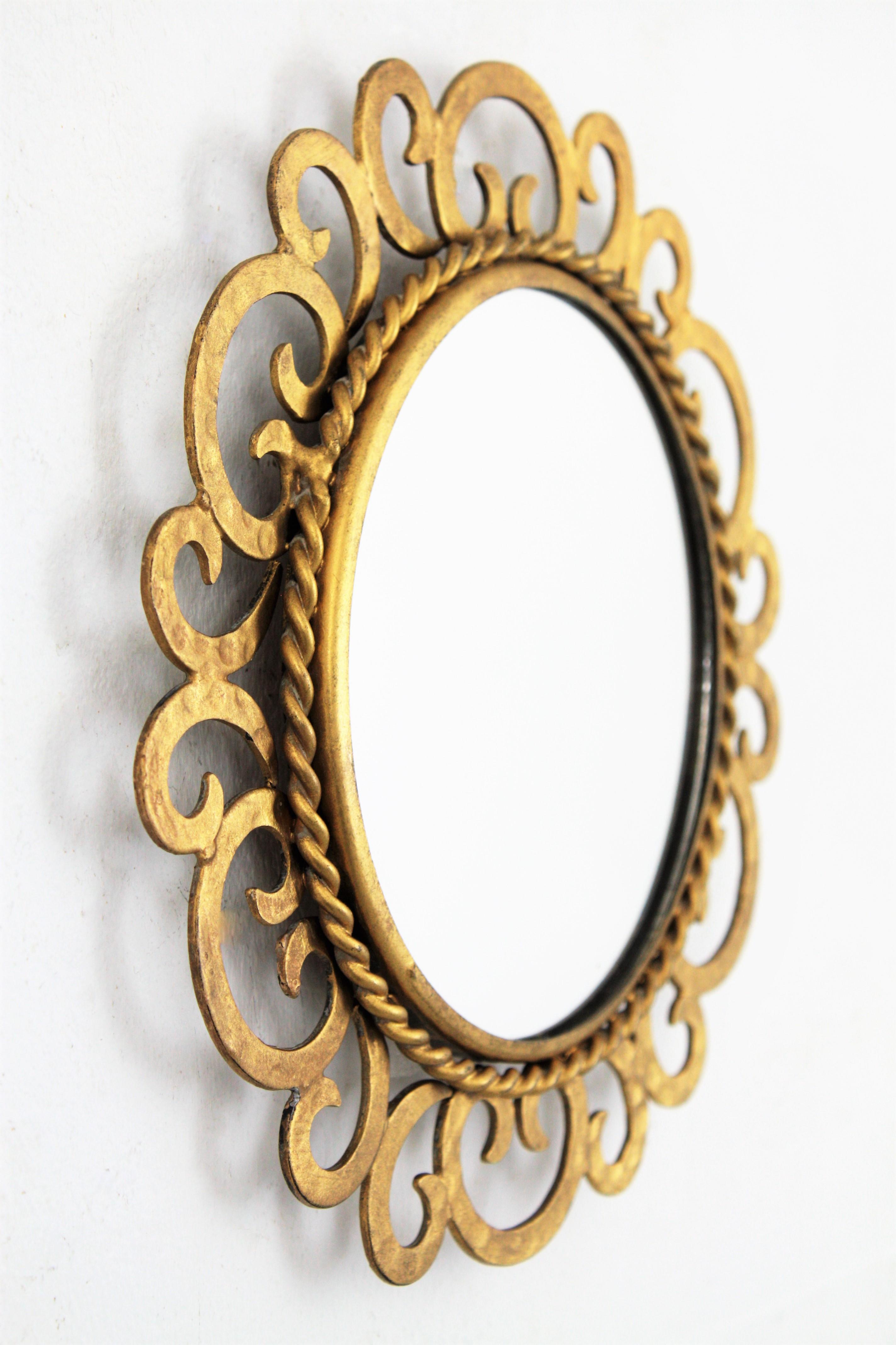 Mini Sized Sunburst Mirror with Scrollwork, Gilt Iron For Sale 4