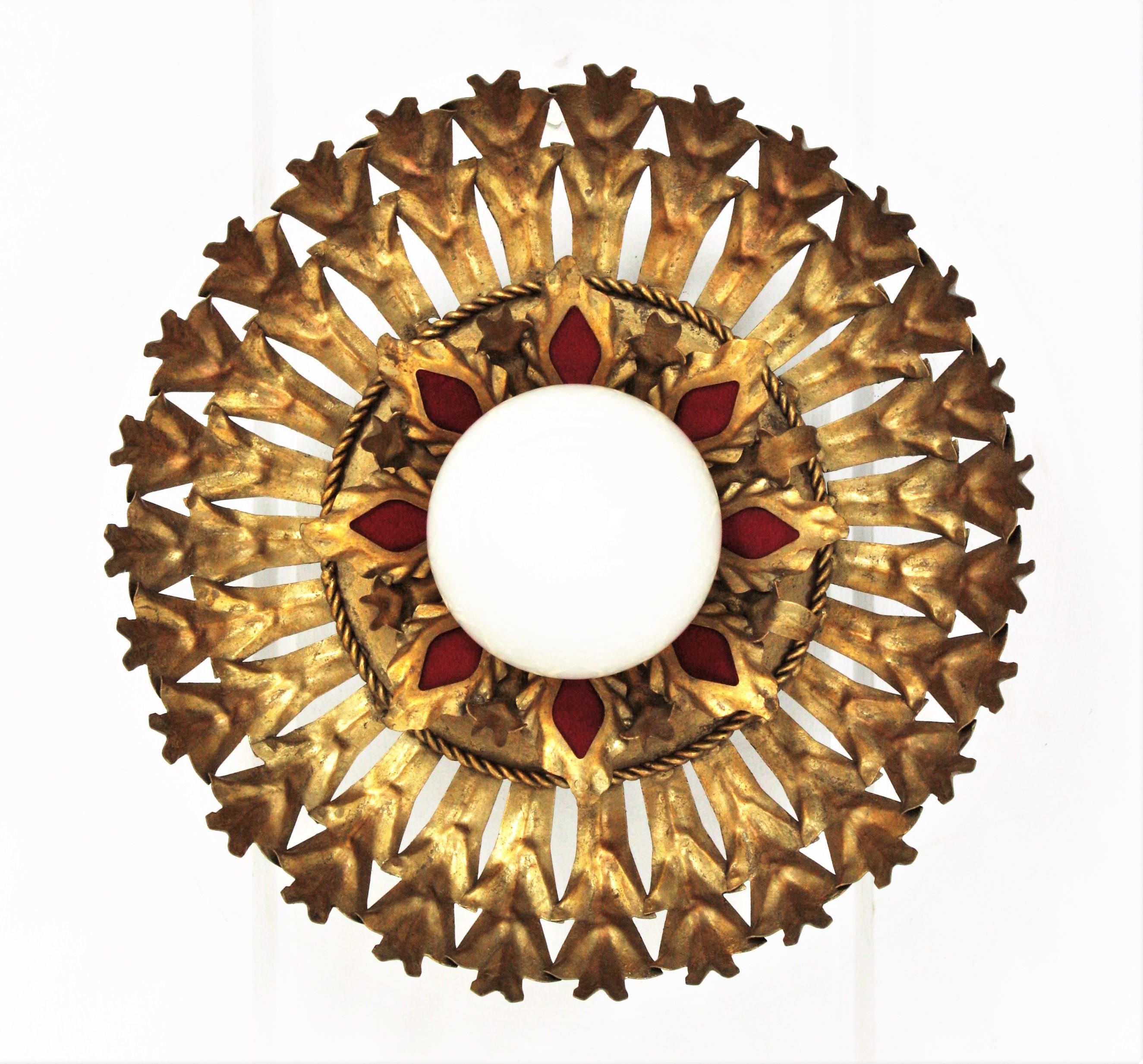 Sunburst Flush Mount Light Fixture in Gilt Iron and Milk Glass Globe For Sale 6