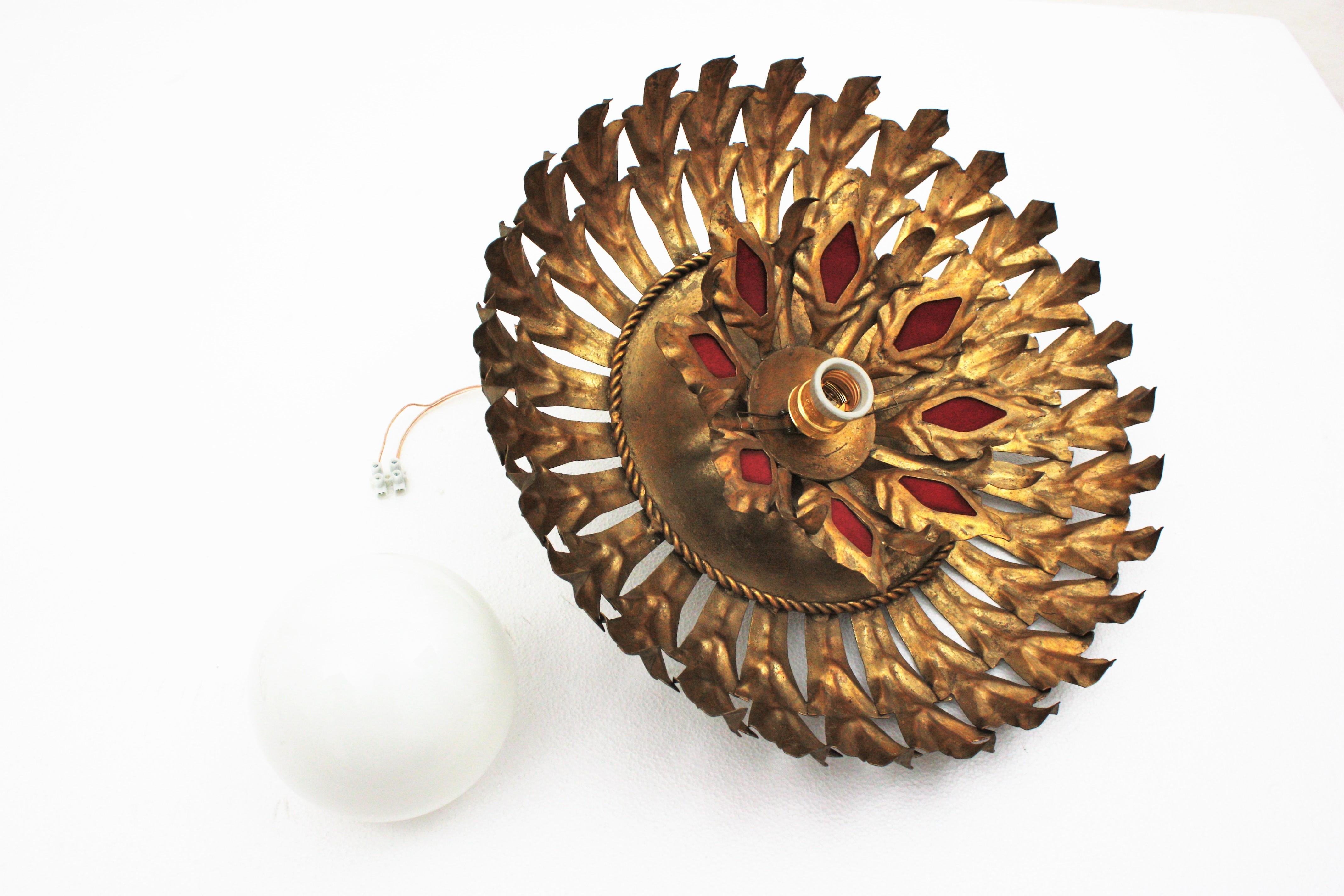 Sunburst Flush Mount in Gilt Iron with Milk Glass Globe For Sale 10