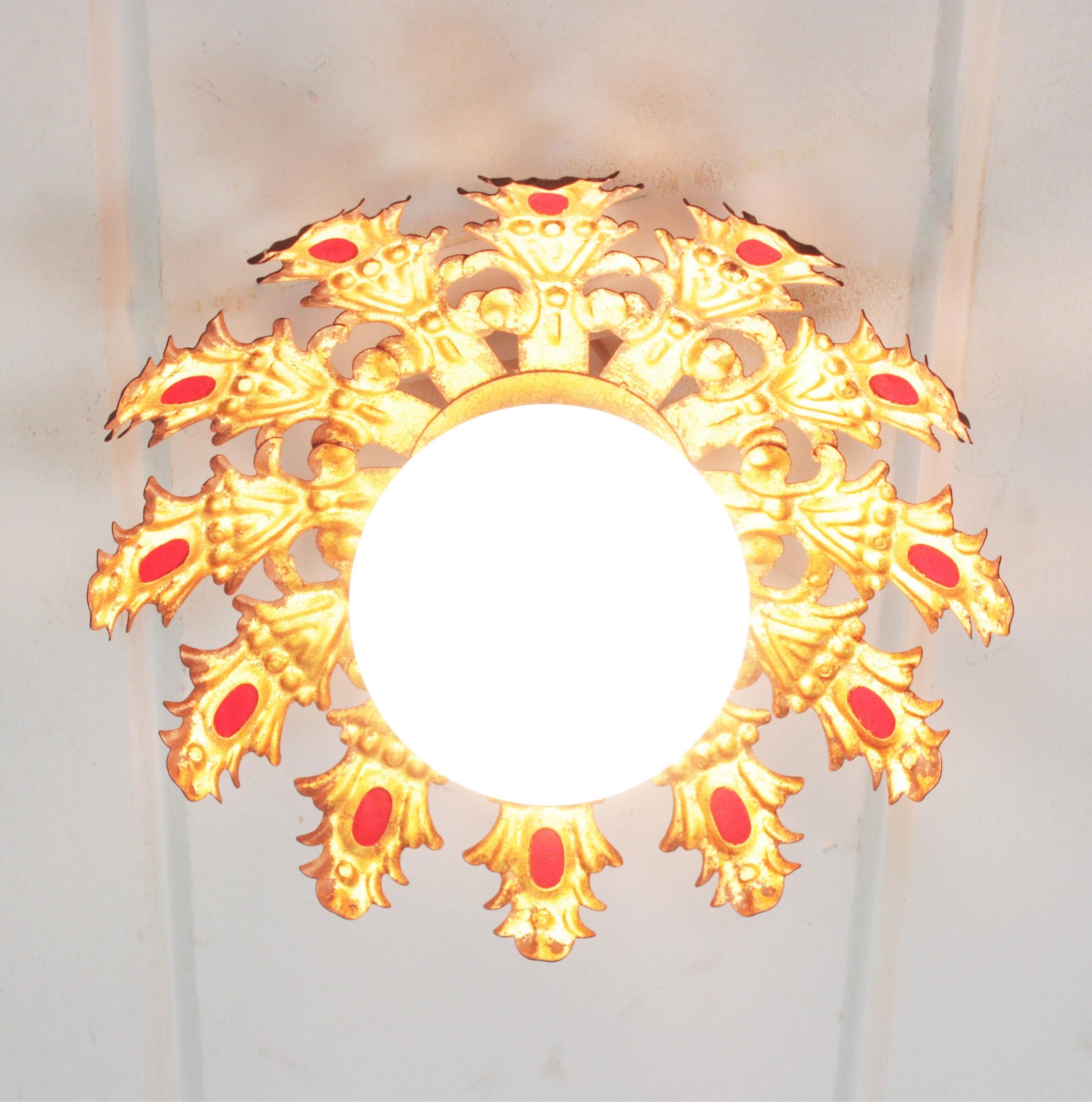 Sunburst Flush Mount Light Fixture in Gilt Iron with Milk Glass Globe  In Good Condition For Sale In Barcelona, ES