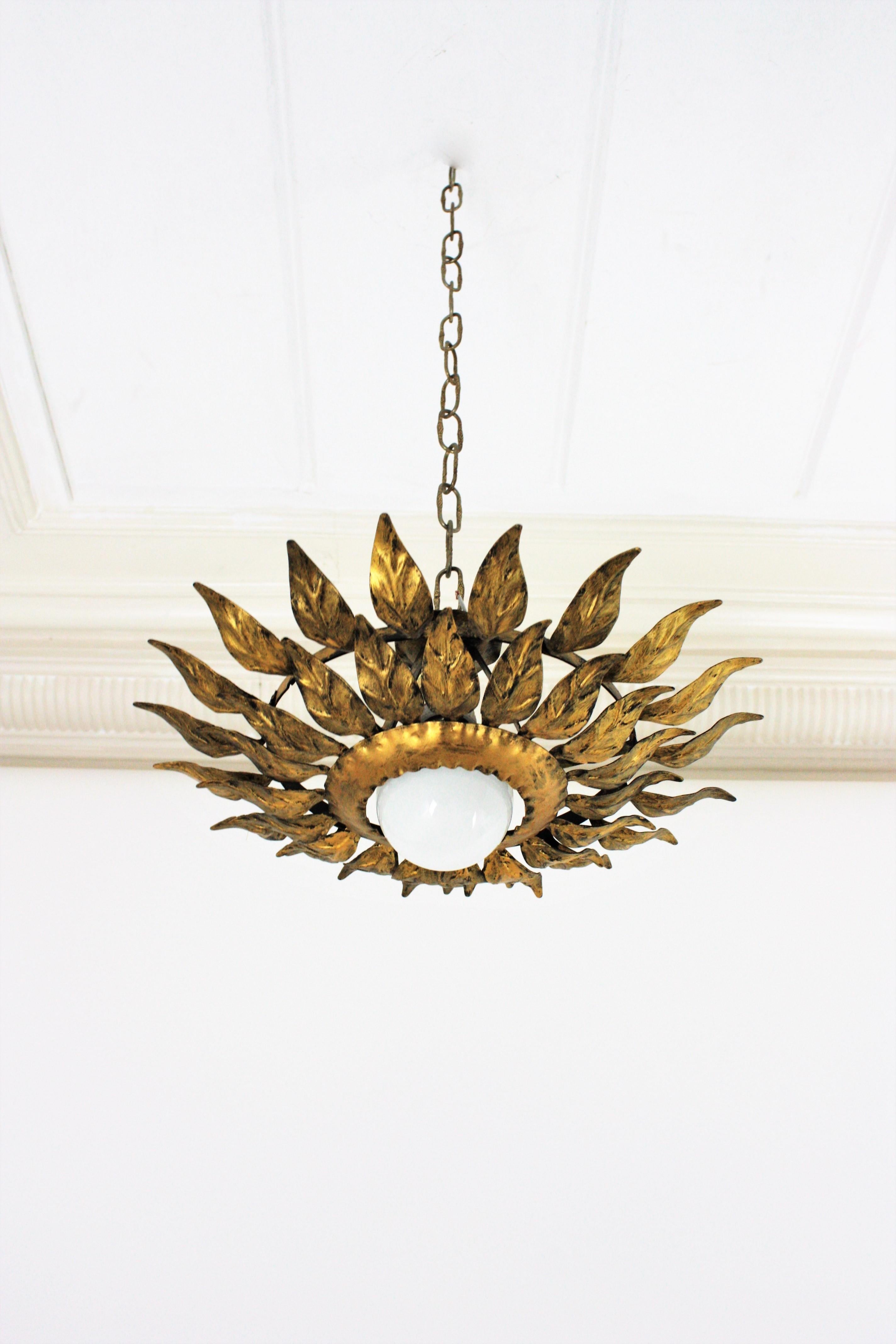 Spanish Sunburst Light Fixture in Gilt Iron, 1960s