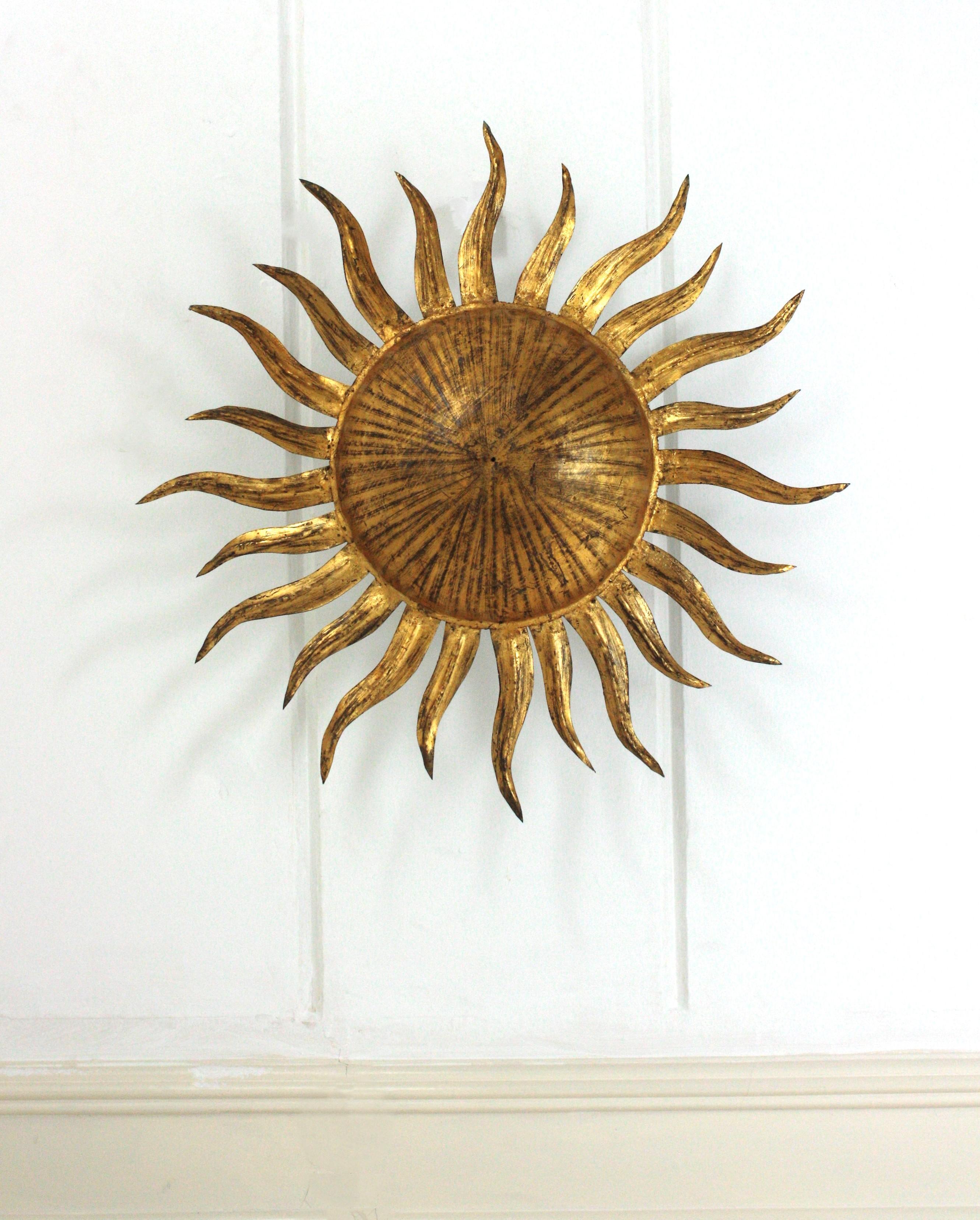 Sunburst Flush Mount Light Fixture in Gilt Iron, Ferro Art 3