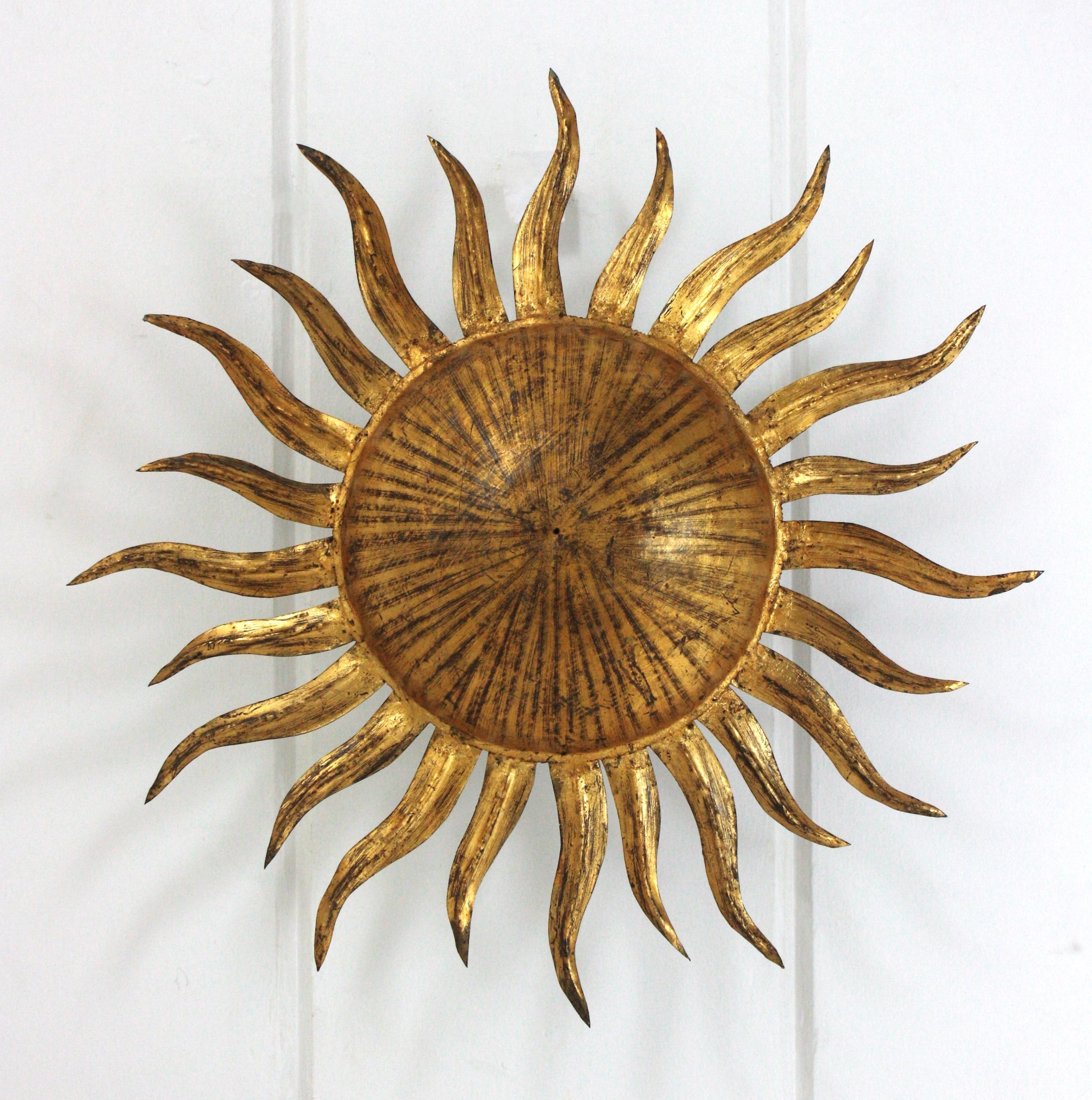 Sunburst Flush Mount Light Fixture in Gilt Iron, Ferro Art 5