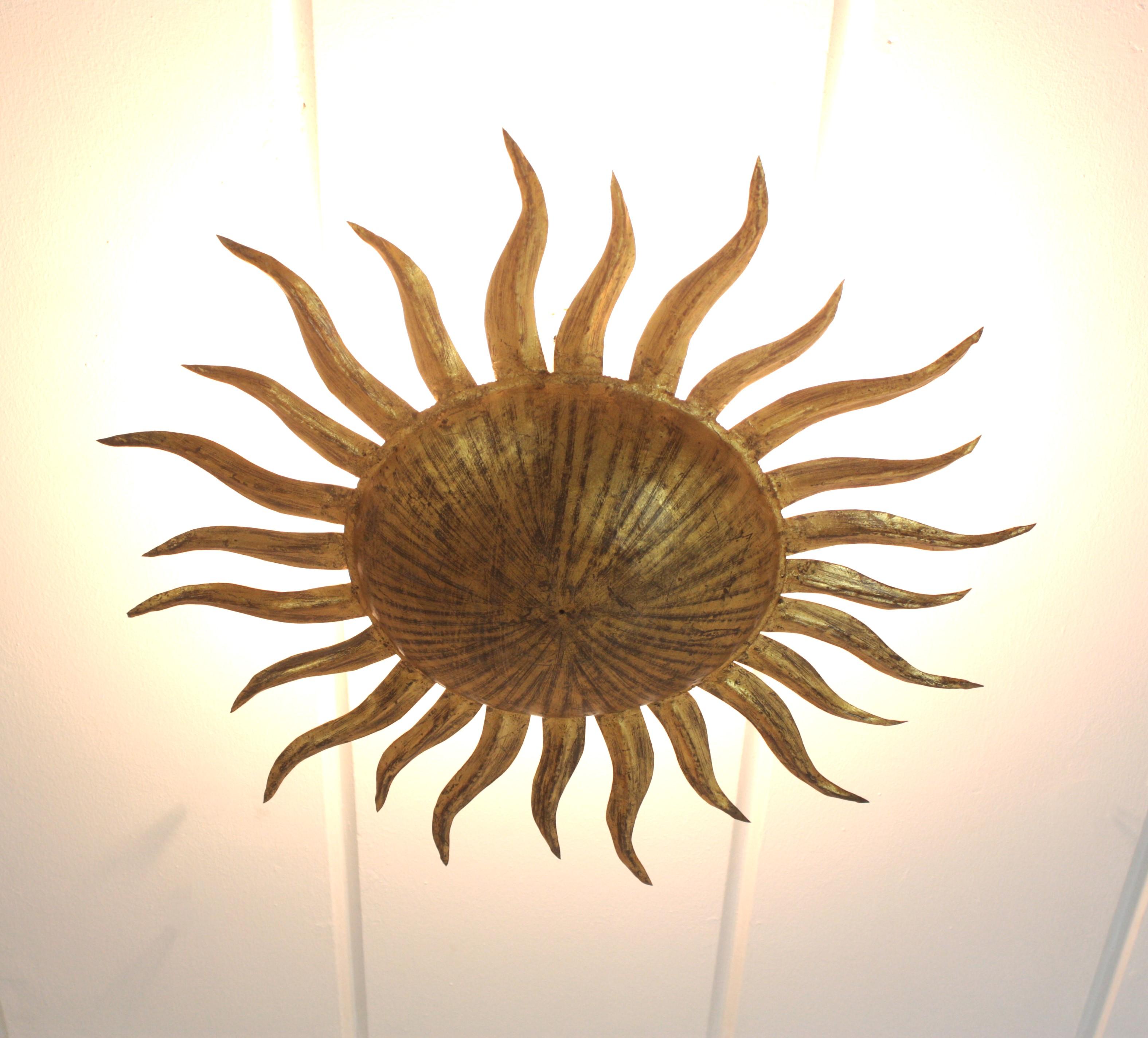 Sunburst Flush Mount Light Fixture in Gilt Iron, Ferro Art 7