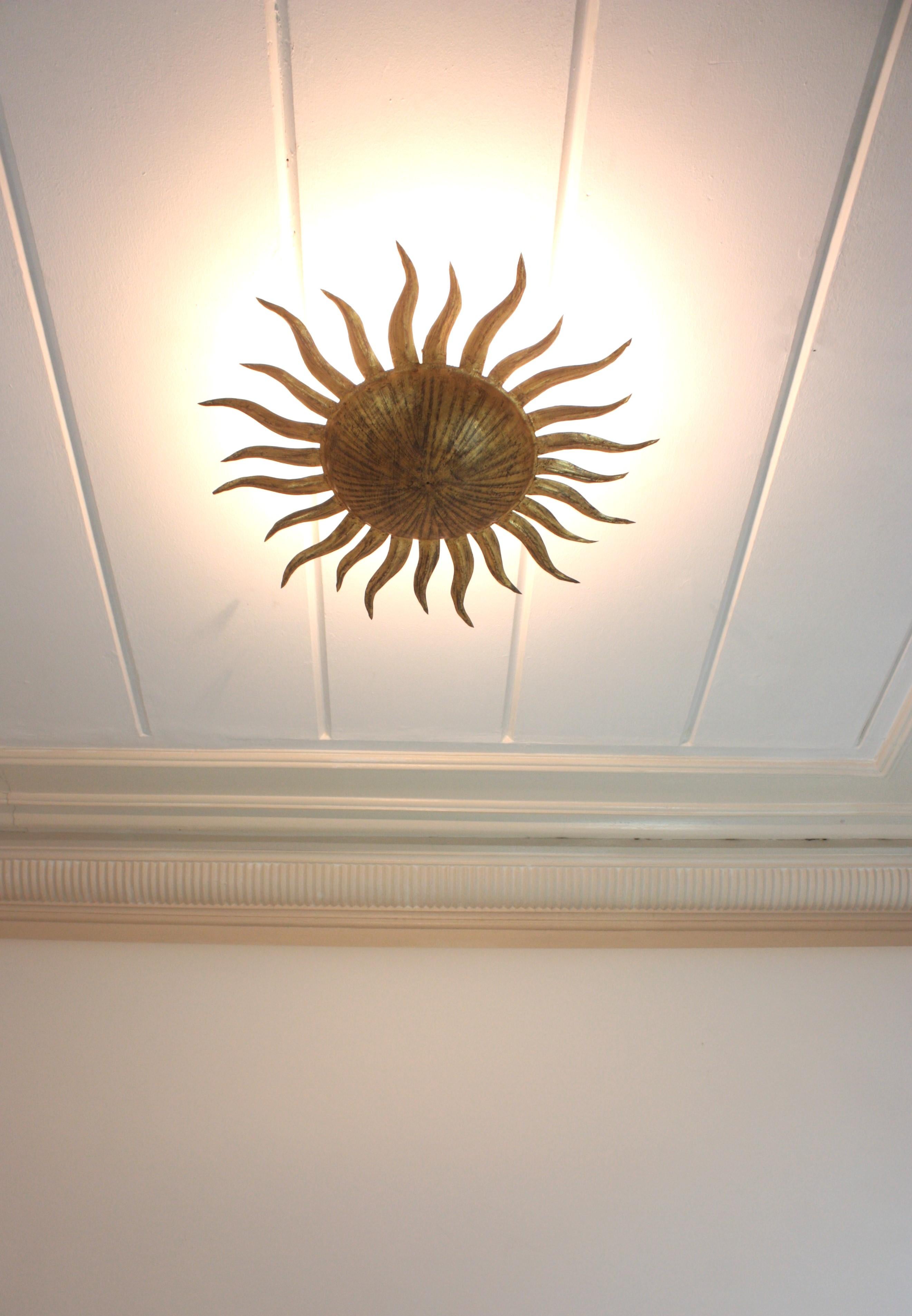 Sunburst Flush Mount Light Fixture in Gilt Iron, Ferro Art 8
