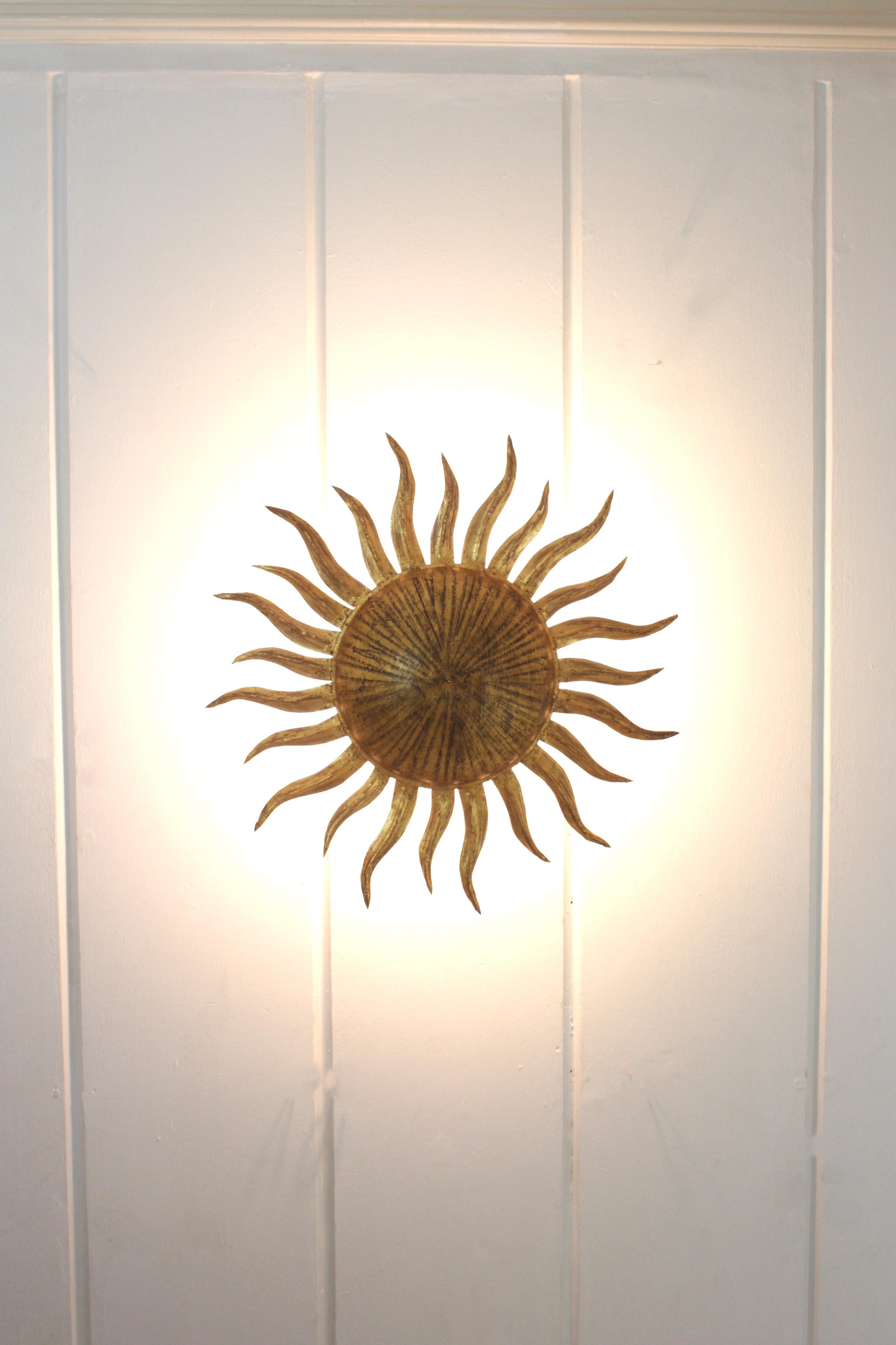 Sunburst Flush Mount Light Fixture in Gilt Iron, Ferro Art 9