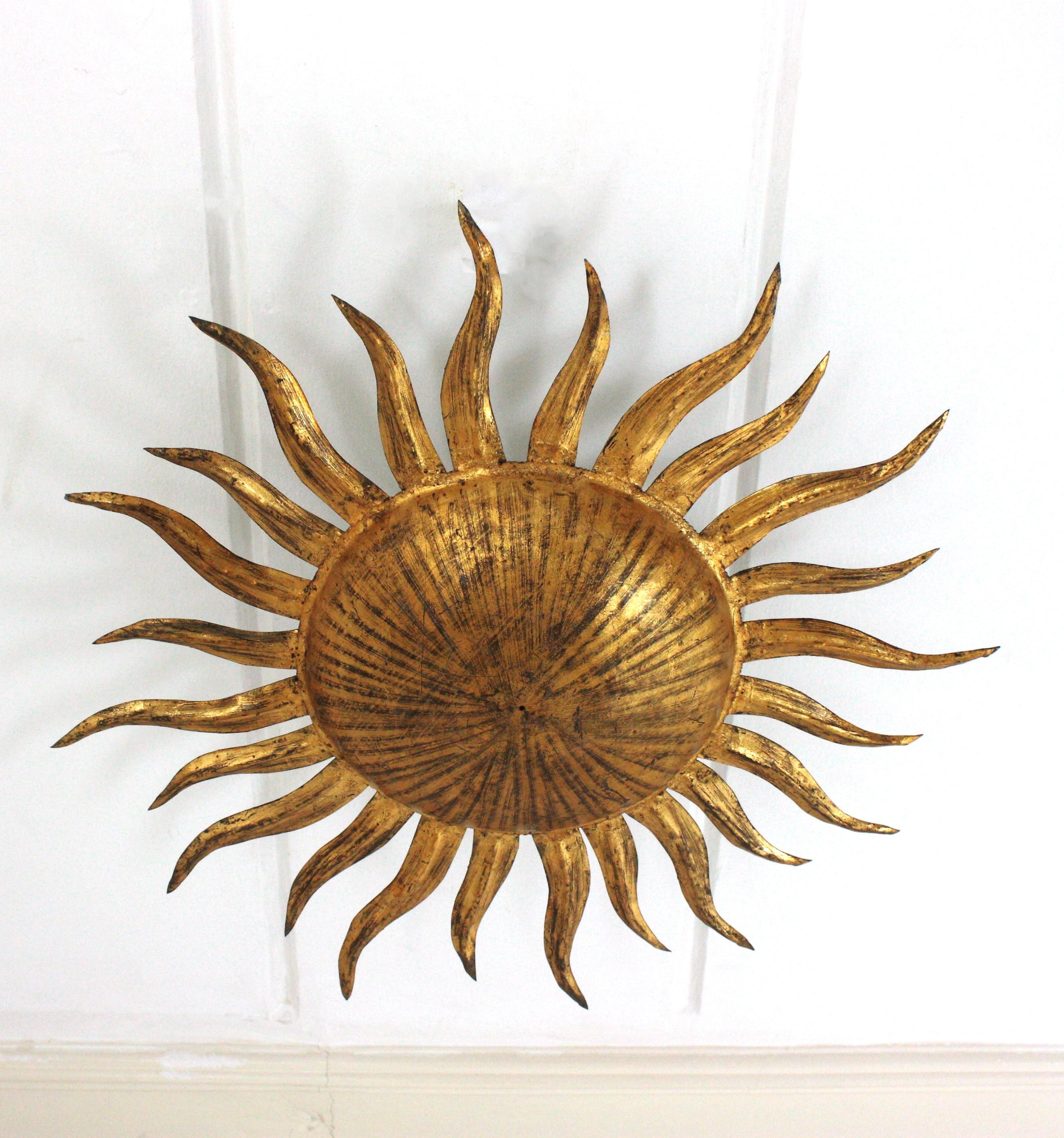 Mid-Century Modern Sunburst Flush Mount Light Fixture in Gilt Iron, Ferro Art