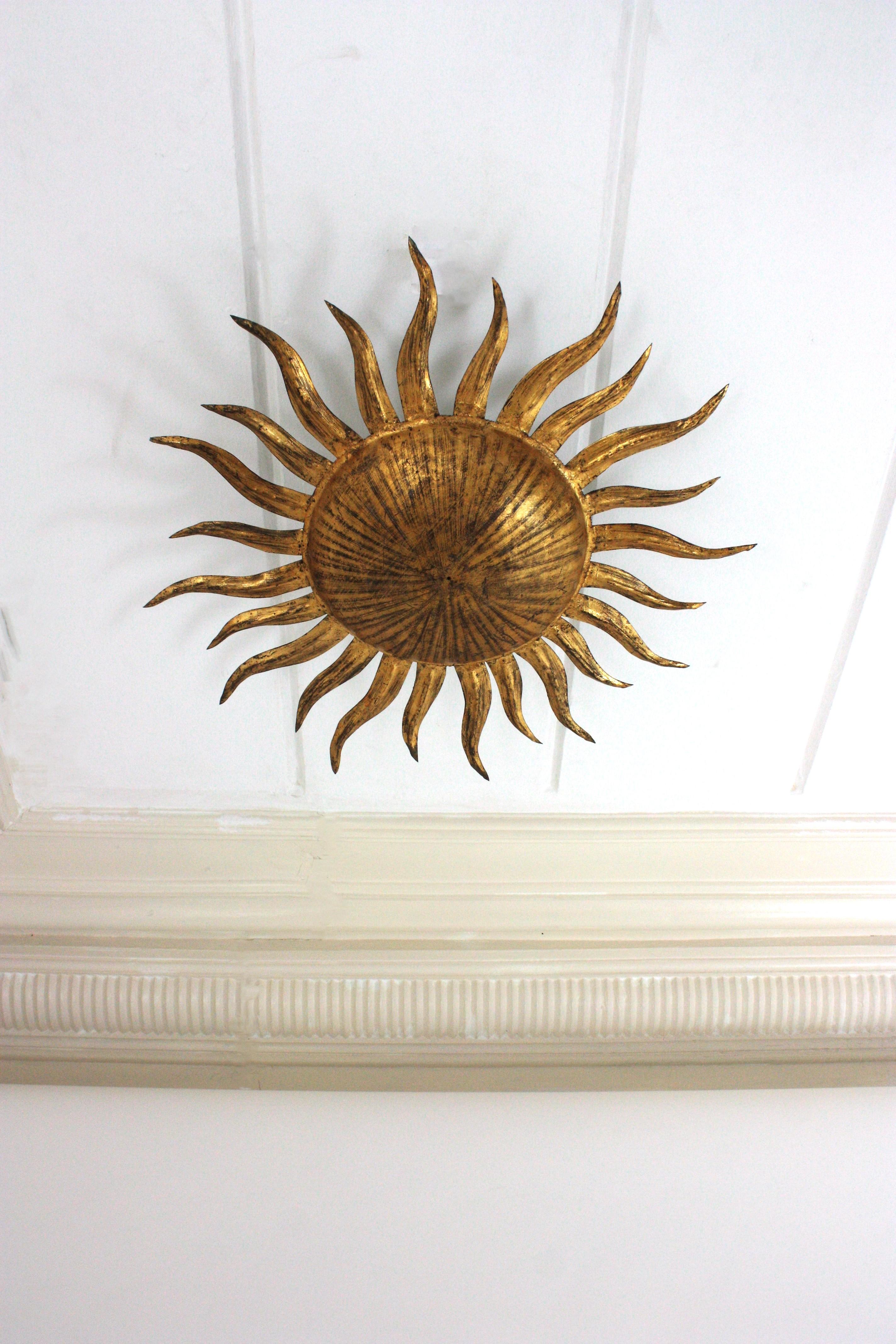 Spanish Sunburst Flush Mount Light Fixture in Gilt Iron, Ferro Art