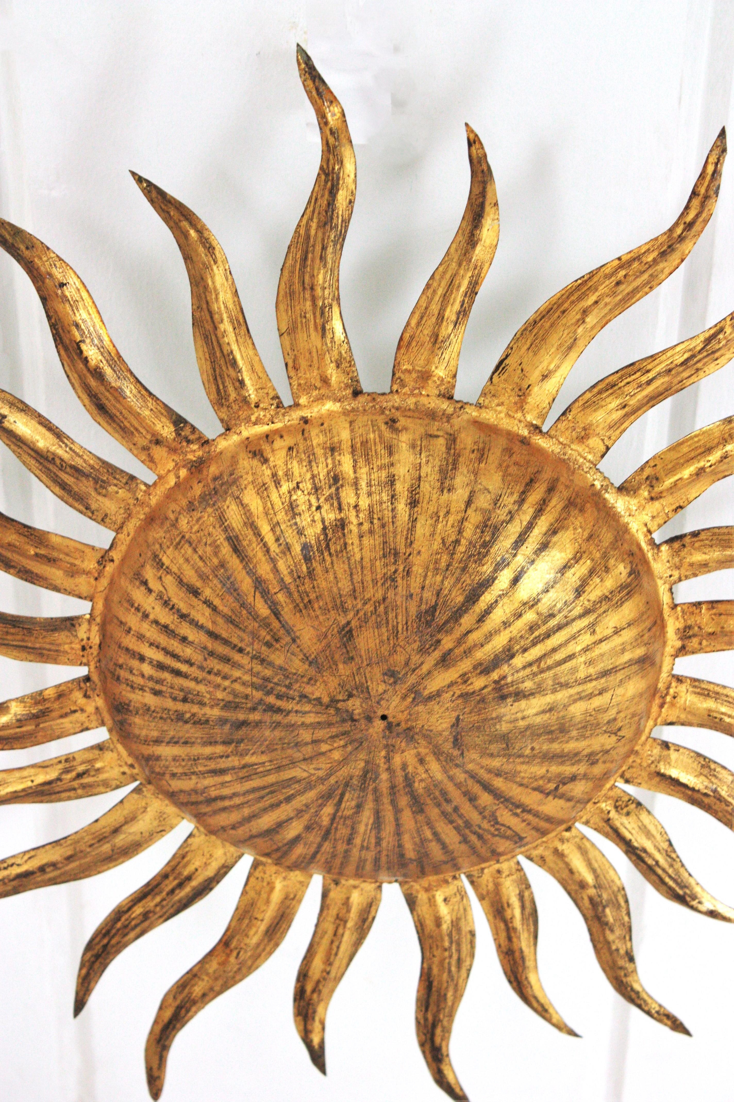 Hand-Crafted Sunburst Flush Mount Light Fixture in Gilt Iron, Ferro Art