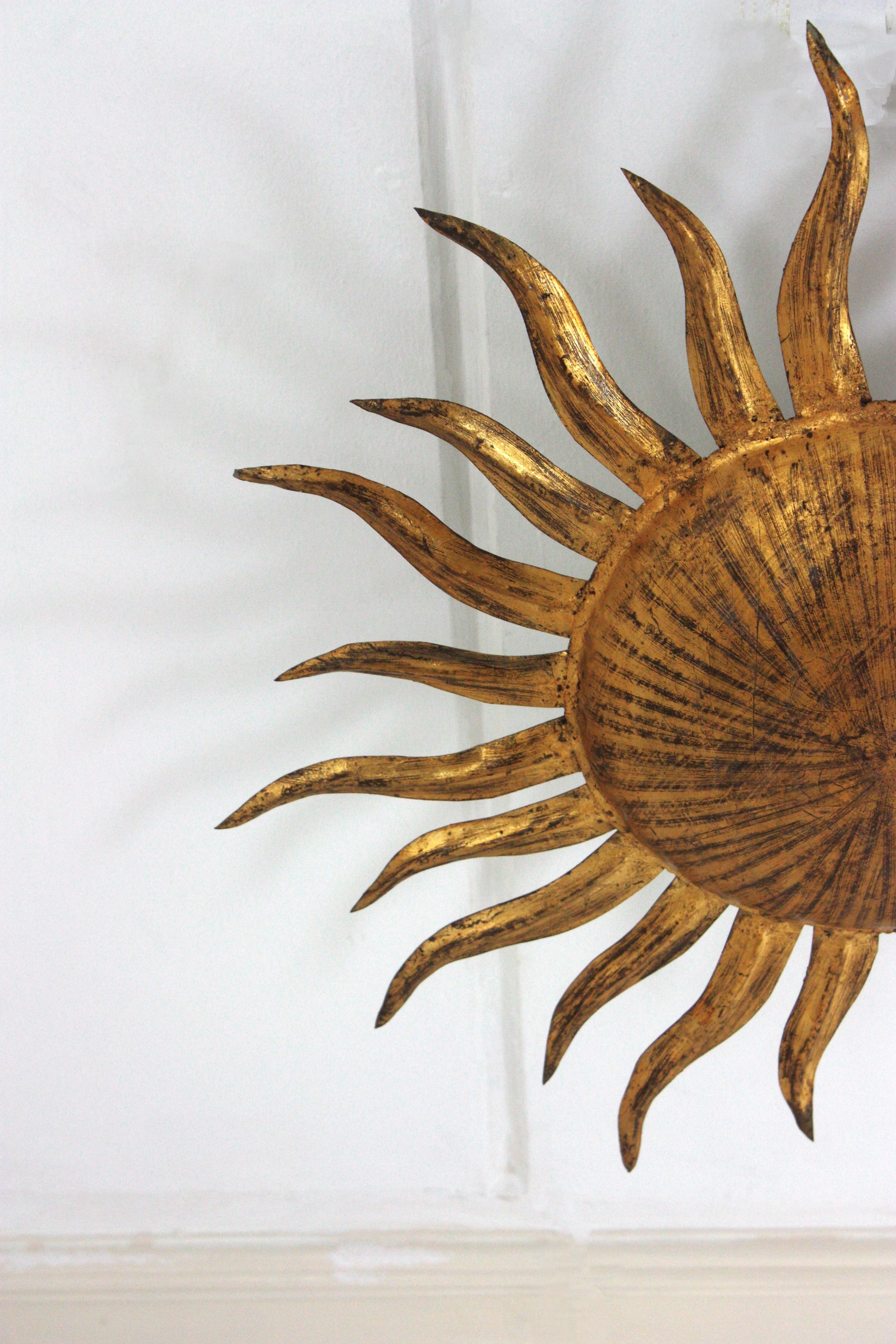 20th Century Sunburst Flush Mount Light Fixture in Gilt Iron, Ferro Art