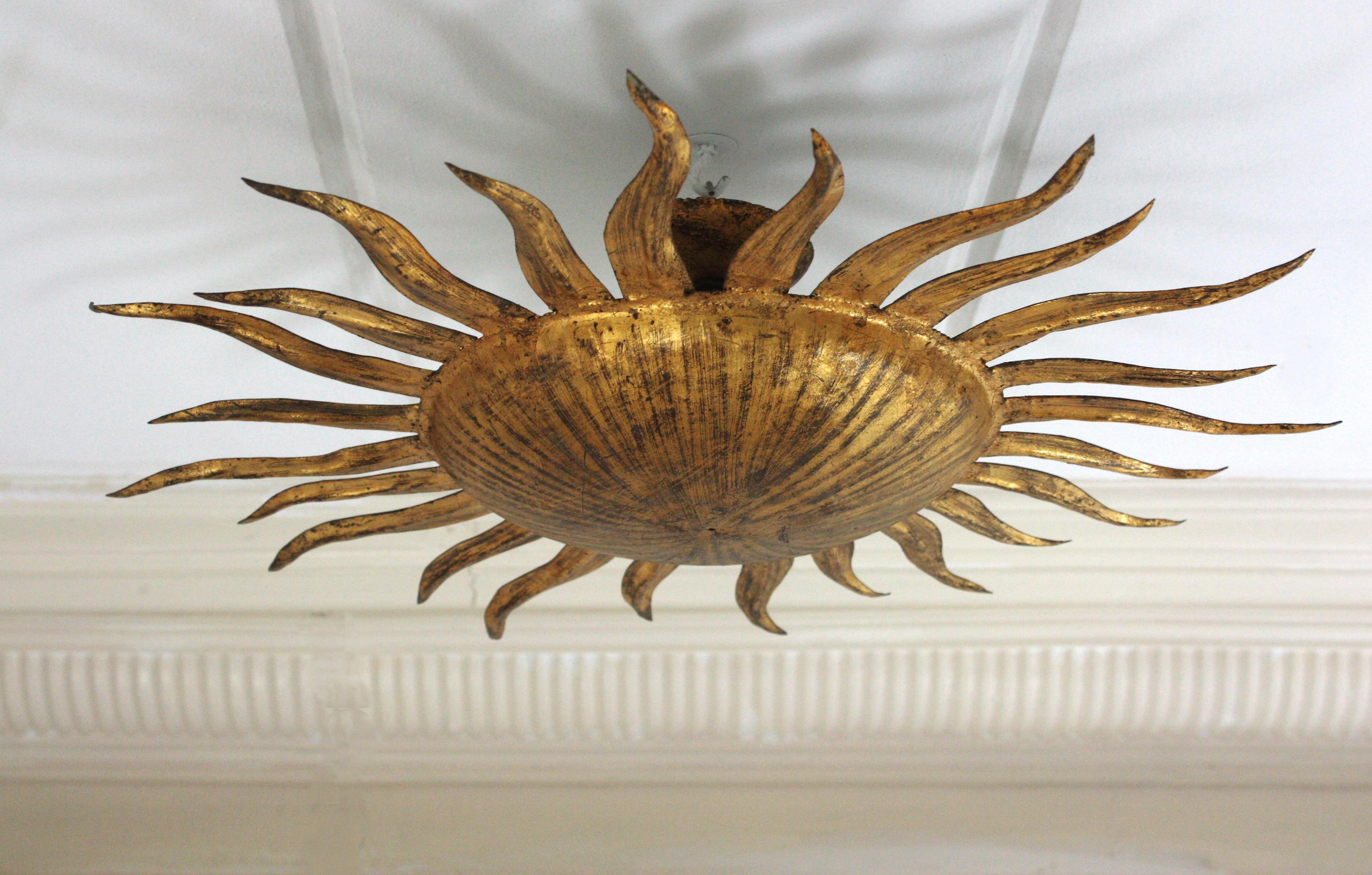 Sunburst Flush Mount Light Fixture in Gilt Iron, Ferro Art 1