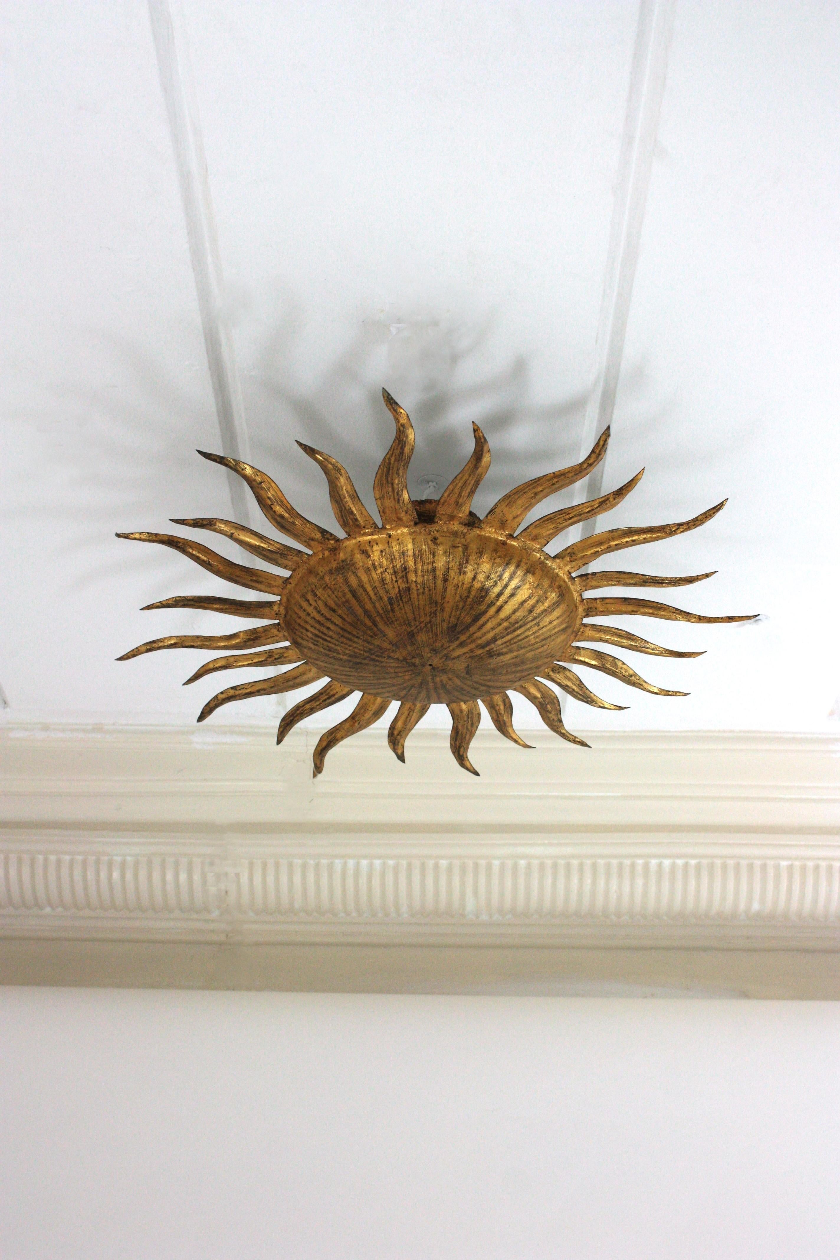 Sunburst Flush Mount Light Fixture in Gilt Iron, Ferro Art 2