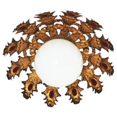 Sunburst Flush Mount Light Fixture in Gilt Iron with Milk Glass Globe