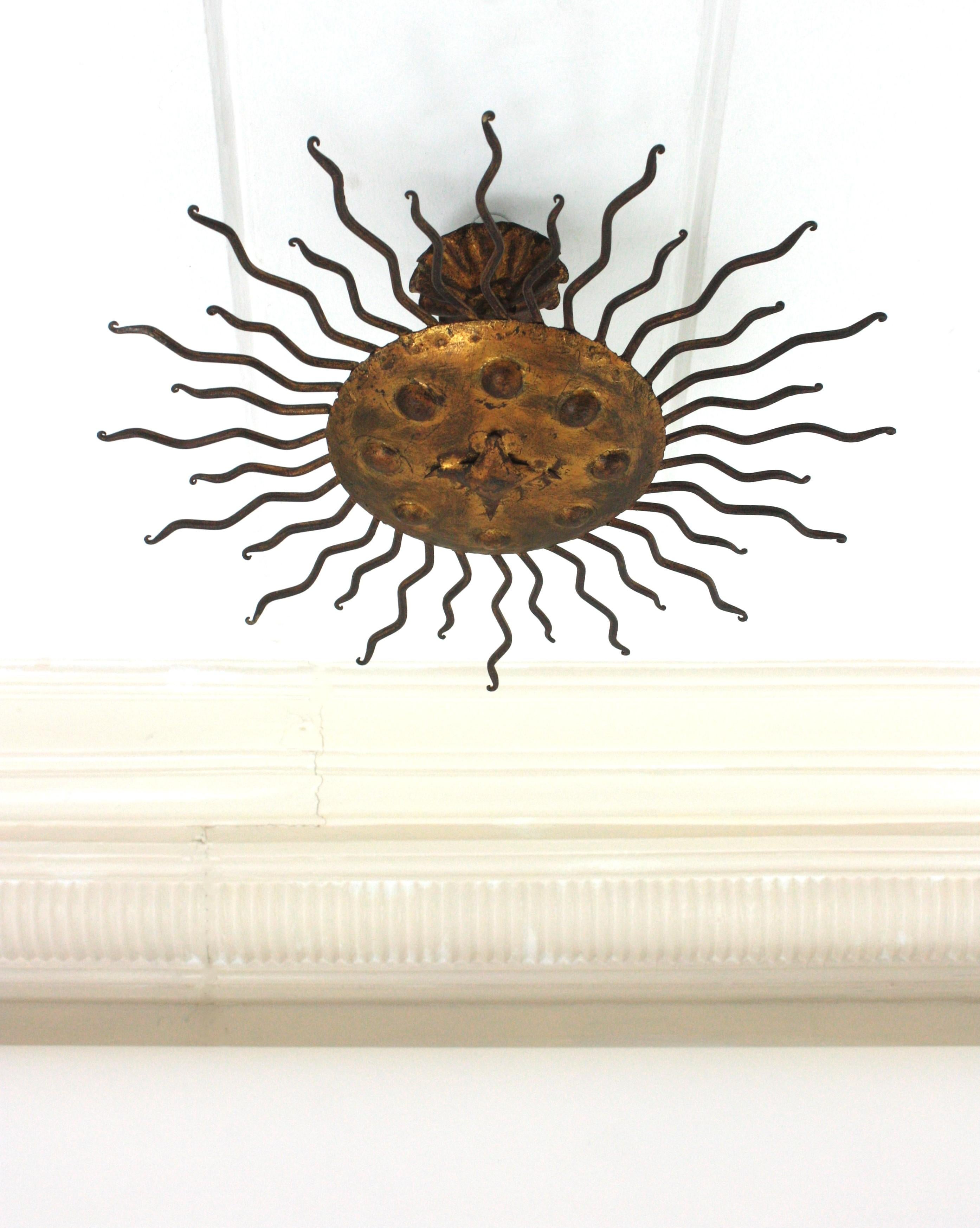 Sunburst Flush Mount Light Fixture with Curly Rays, Gilt Iron For Sale 4