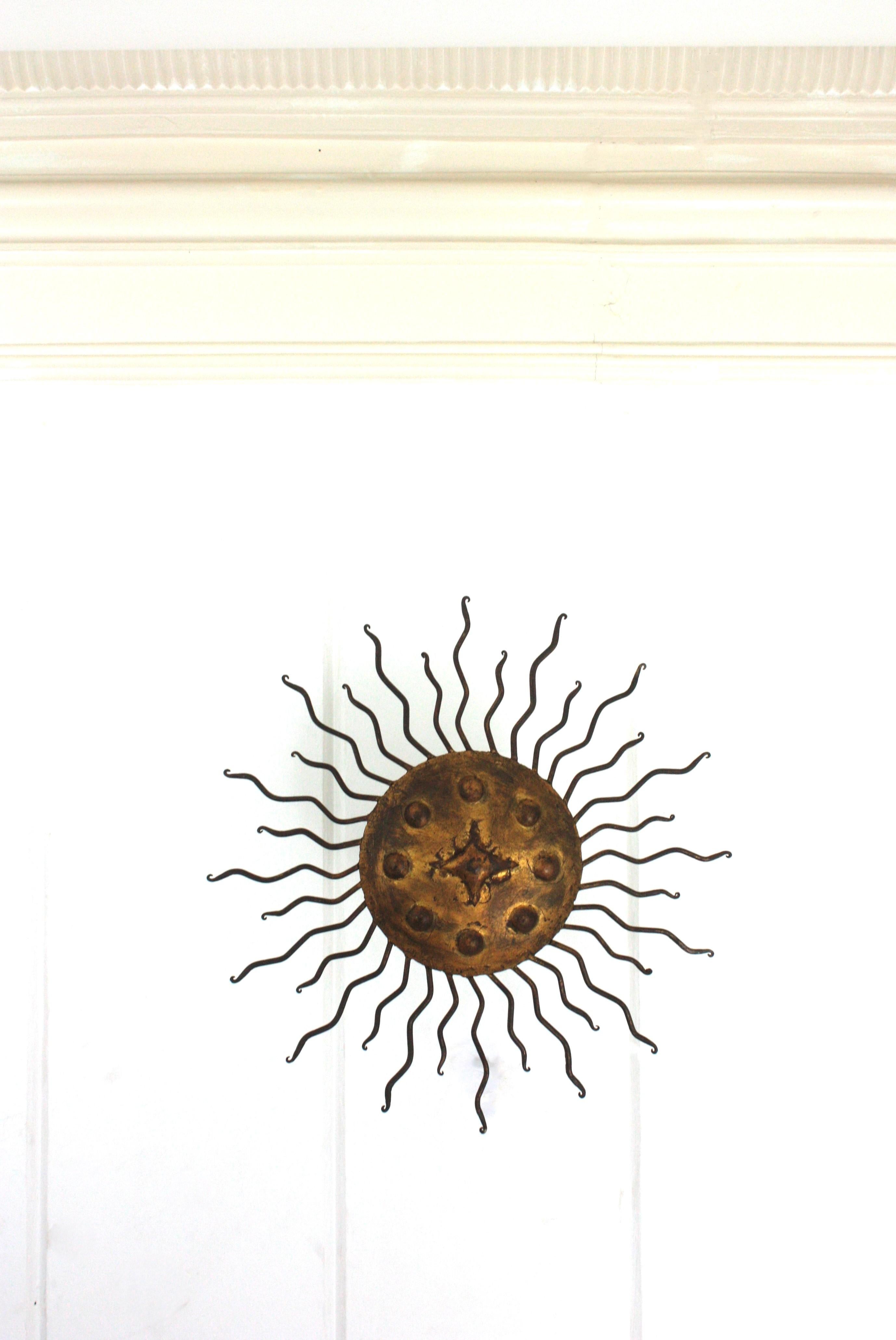 Sunburst Flush Mount Light Fixture with Curly Rays, Gilt Iron For Sale 5
