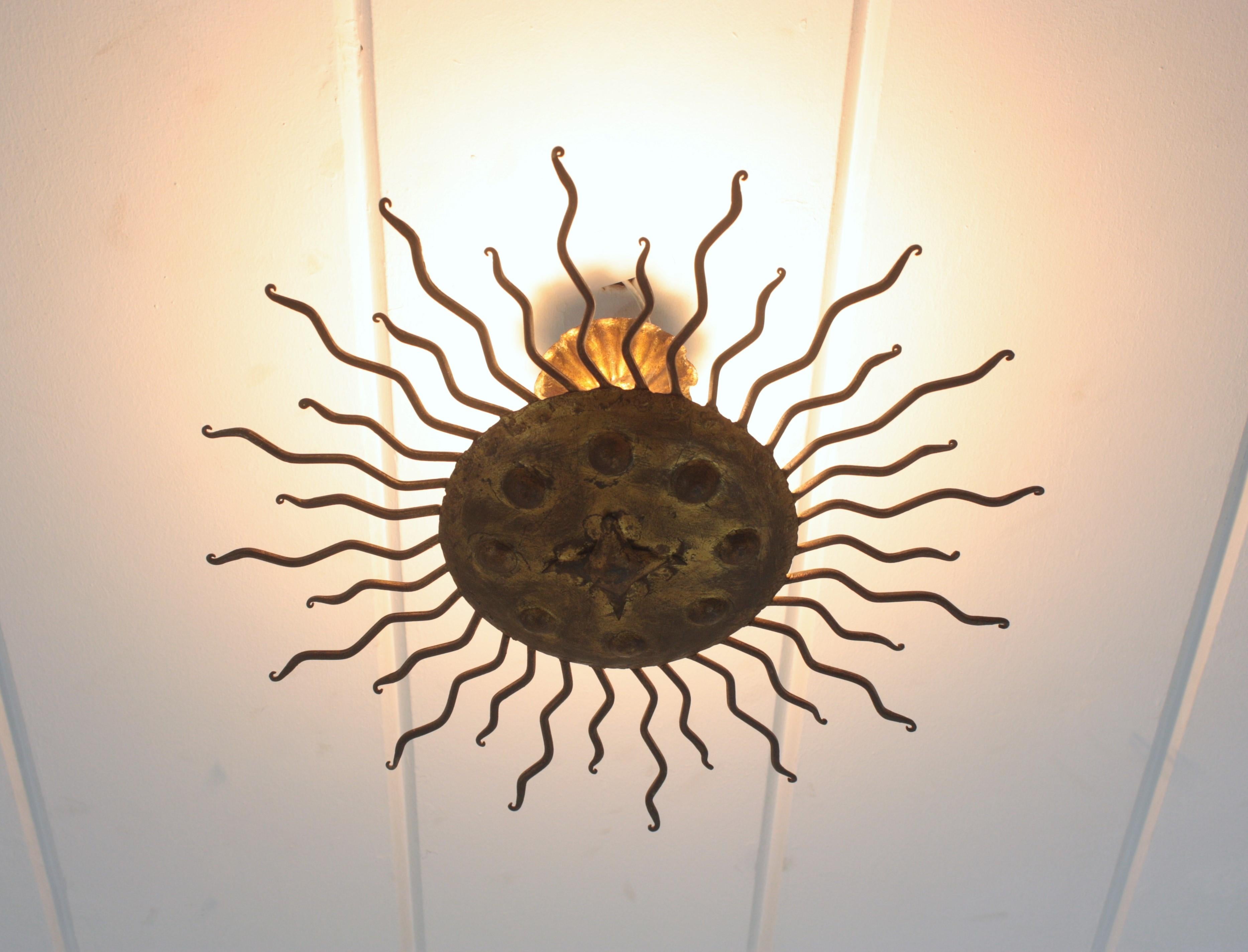 Sunburst Flush Mount Light Fixture with Curly Rays, Gilt Iron For Sale 6