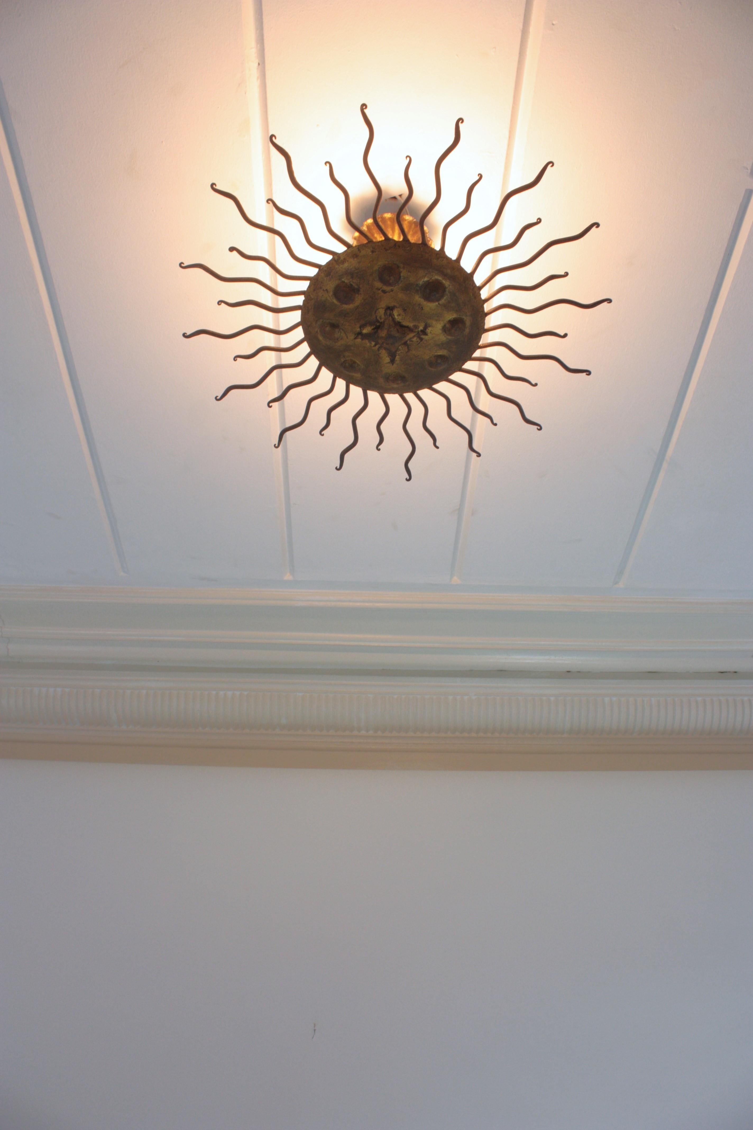 Sunburst Flush Mount Light Fixture with Curly Rays, Gilt Iron For Sale 8