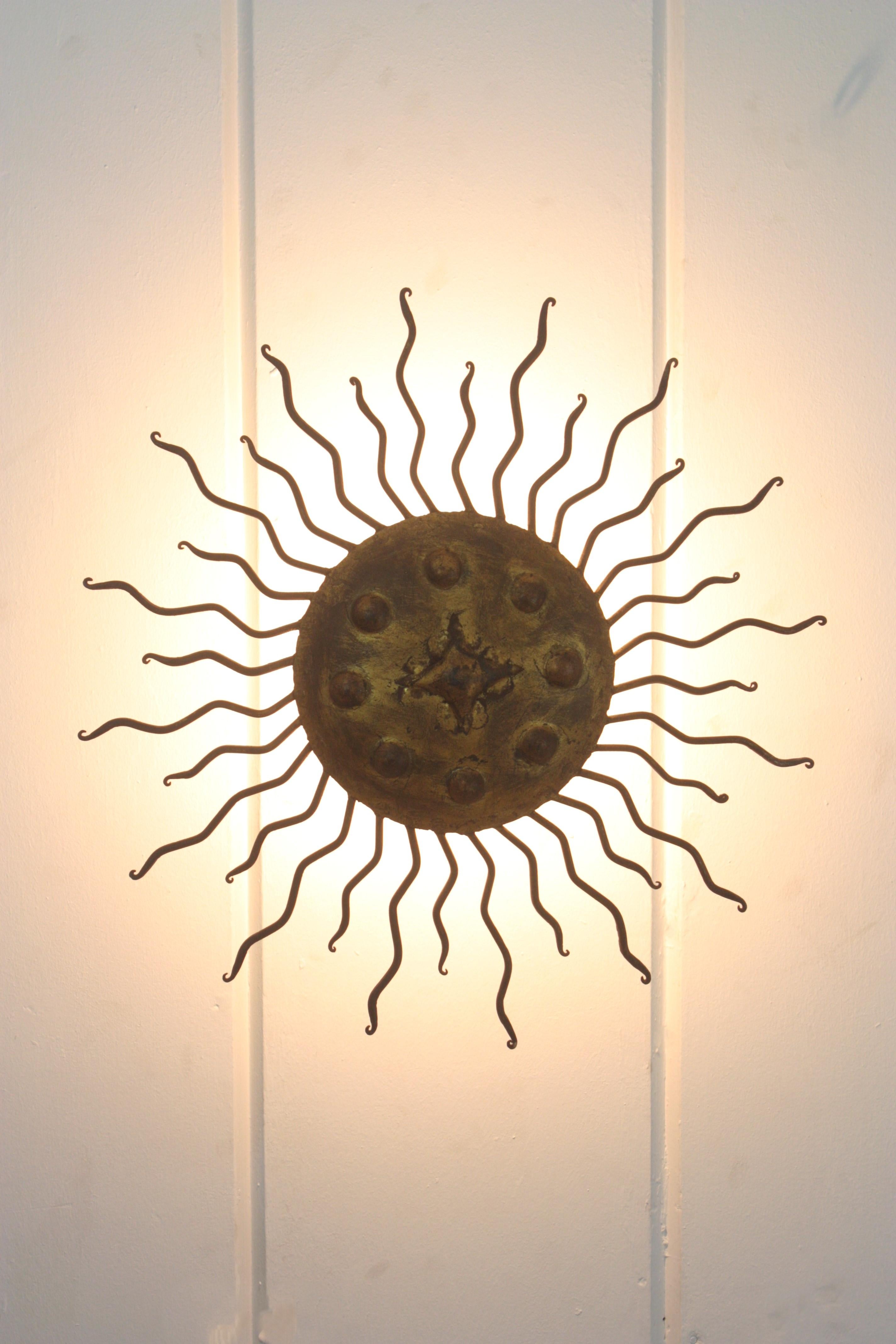 Sunburst Flush Mount Light Fixture with Curly Rays, Gilt Iron For Sale 9