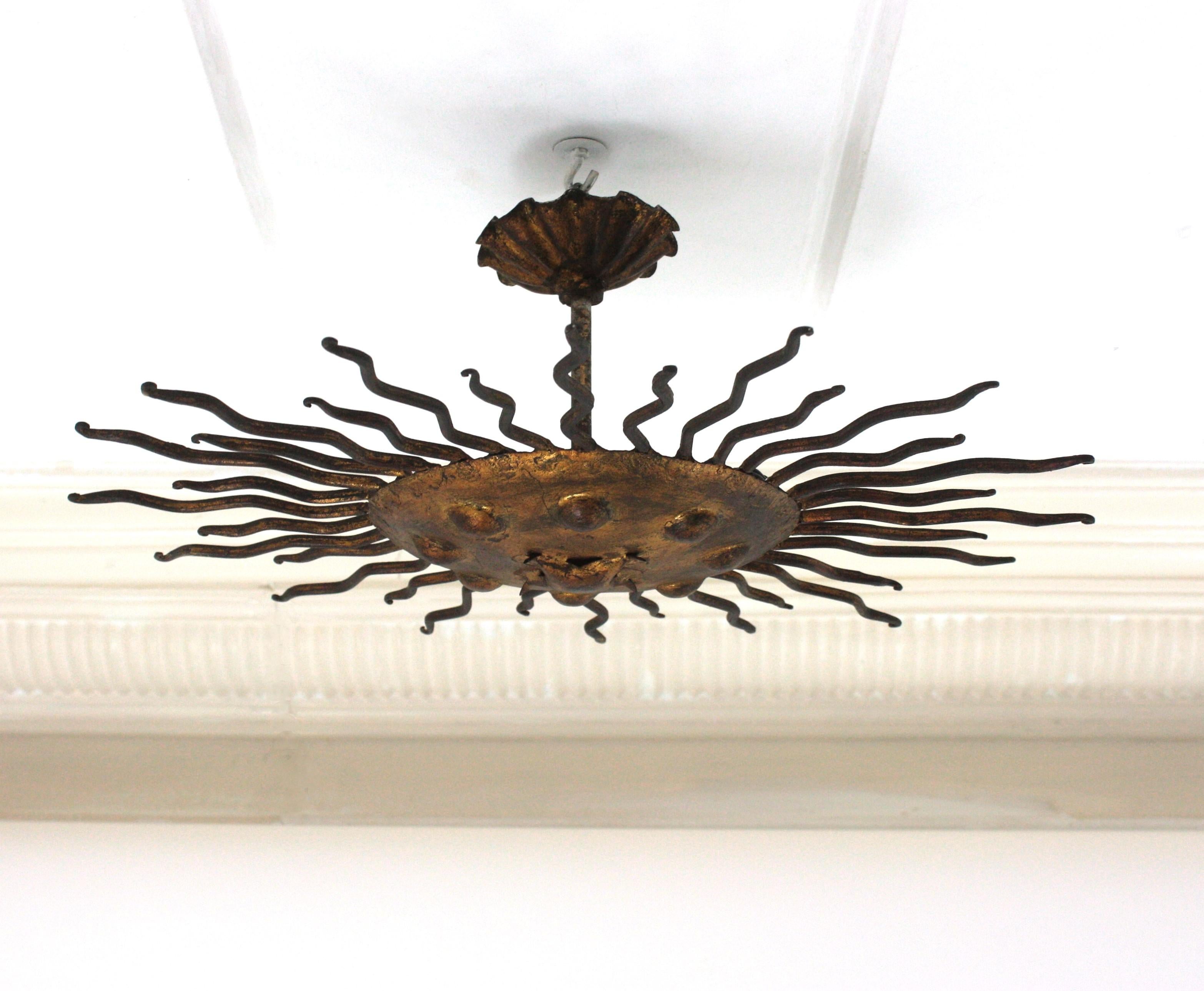 Sunburst Flush Mount Light Fixture with Curly Rays, Gilt Iron For Sale 12