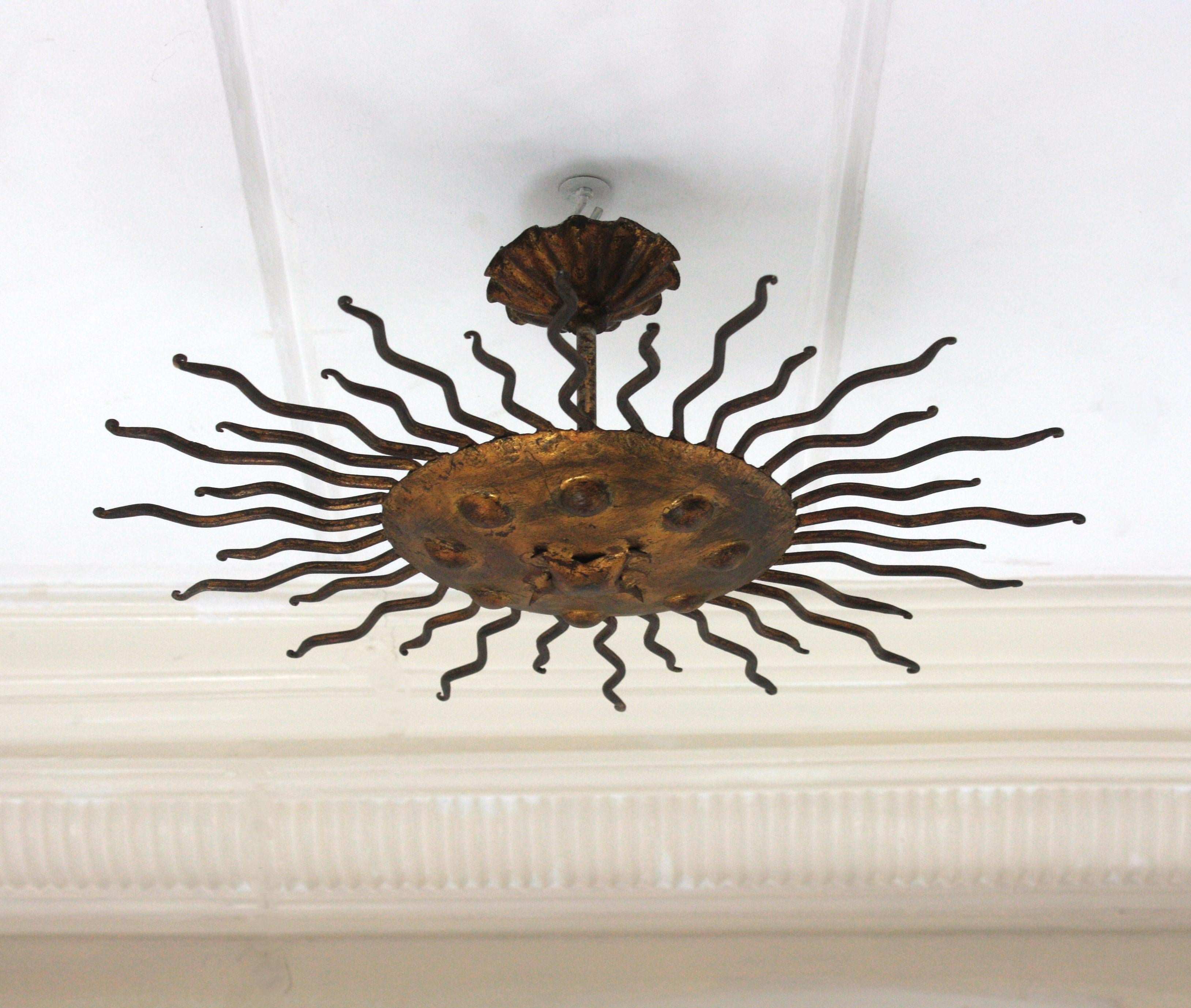 Sunburst Flush Mount Light Fixture with Curly Rays, Gilt Iron For Sale 14