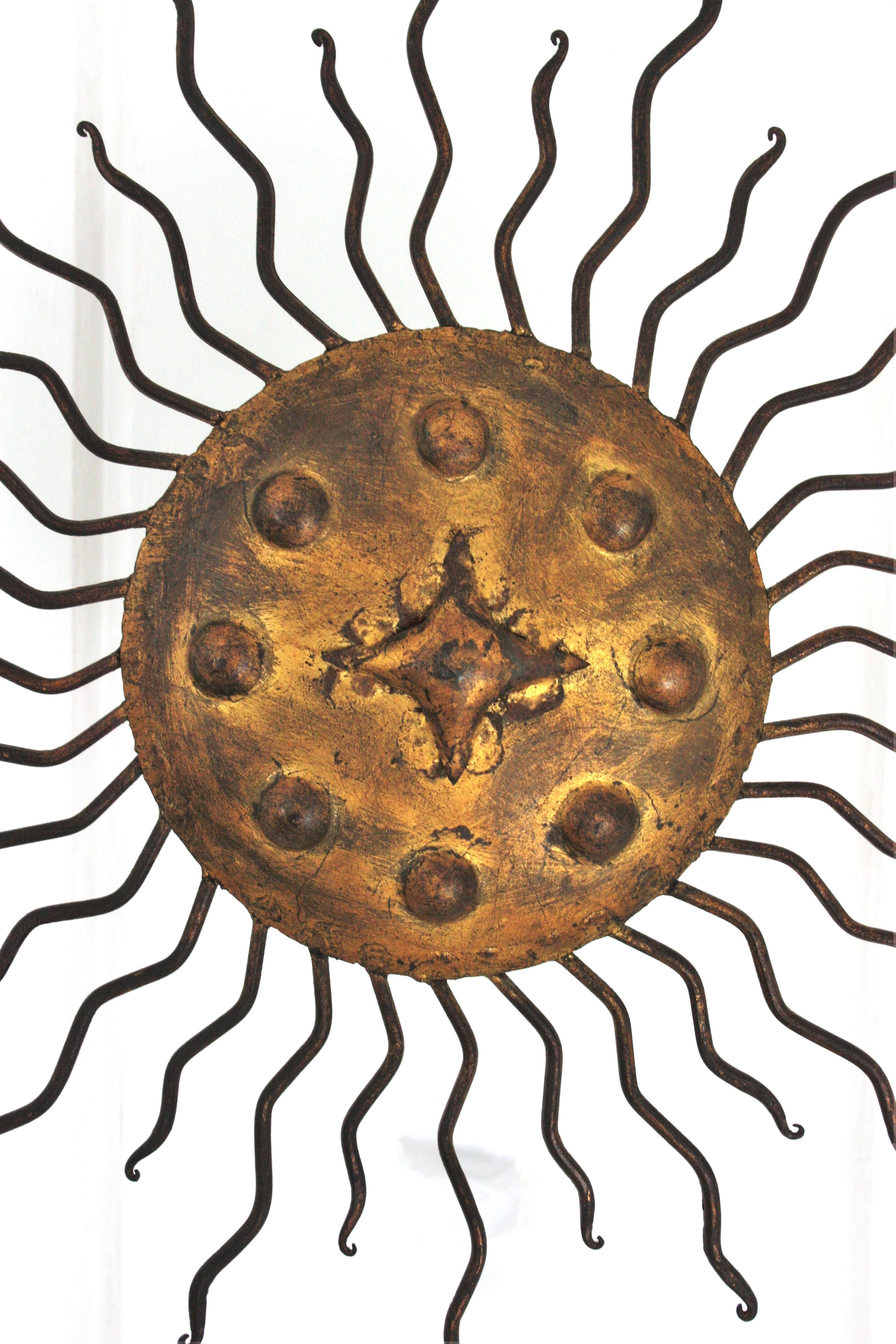 Mid-Century Modern Sunburst Flush Mount Light Fixture with Curly Rays, Gilt Iron For Sale