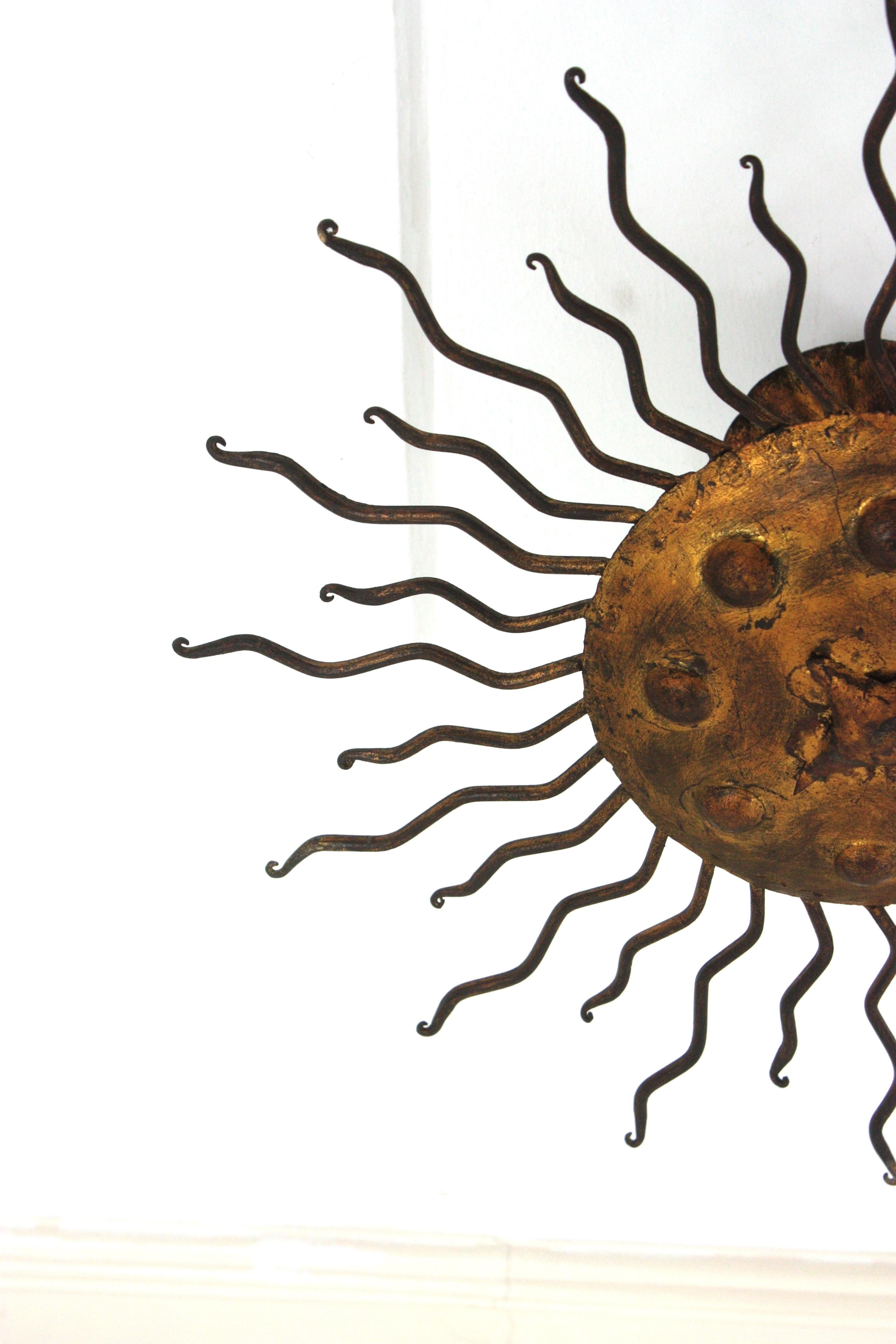 20th Century Sunburst Flush Mount Light Fixture with Curly Rays, Gilt Iron For Sale