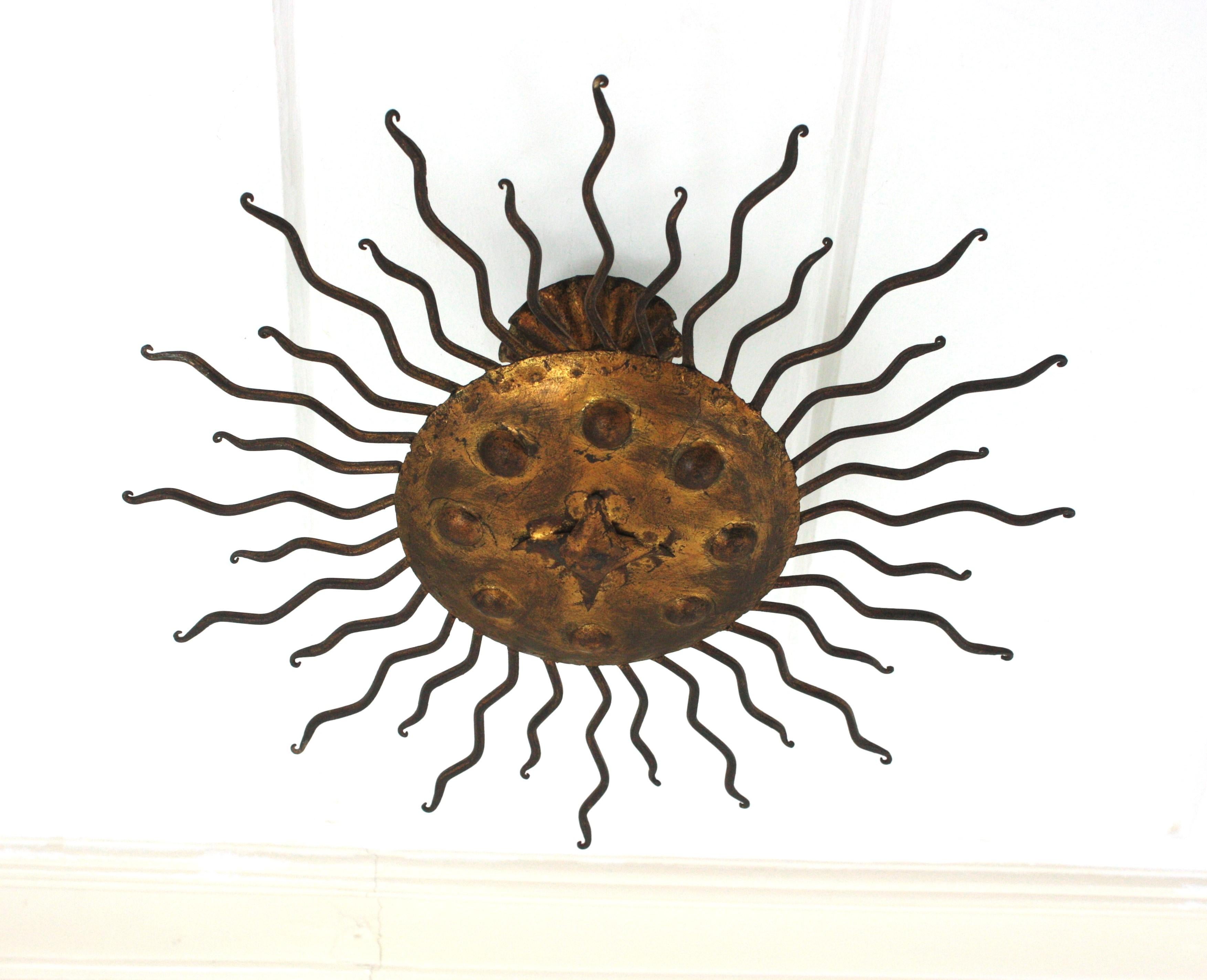 Sunburst Flush Mount Light Fixture with Curly Rays, Gilt Iron For Sale 3