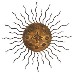 Sunburst Flush Mount Light Fixture with Curly Rays, Gilt Iron