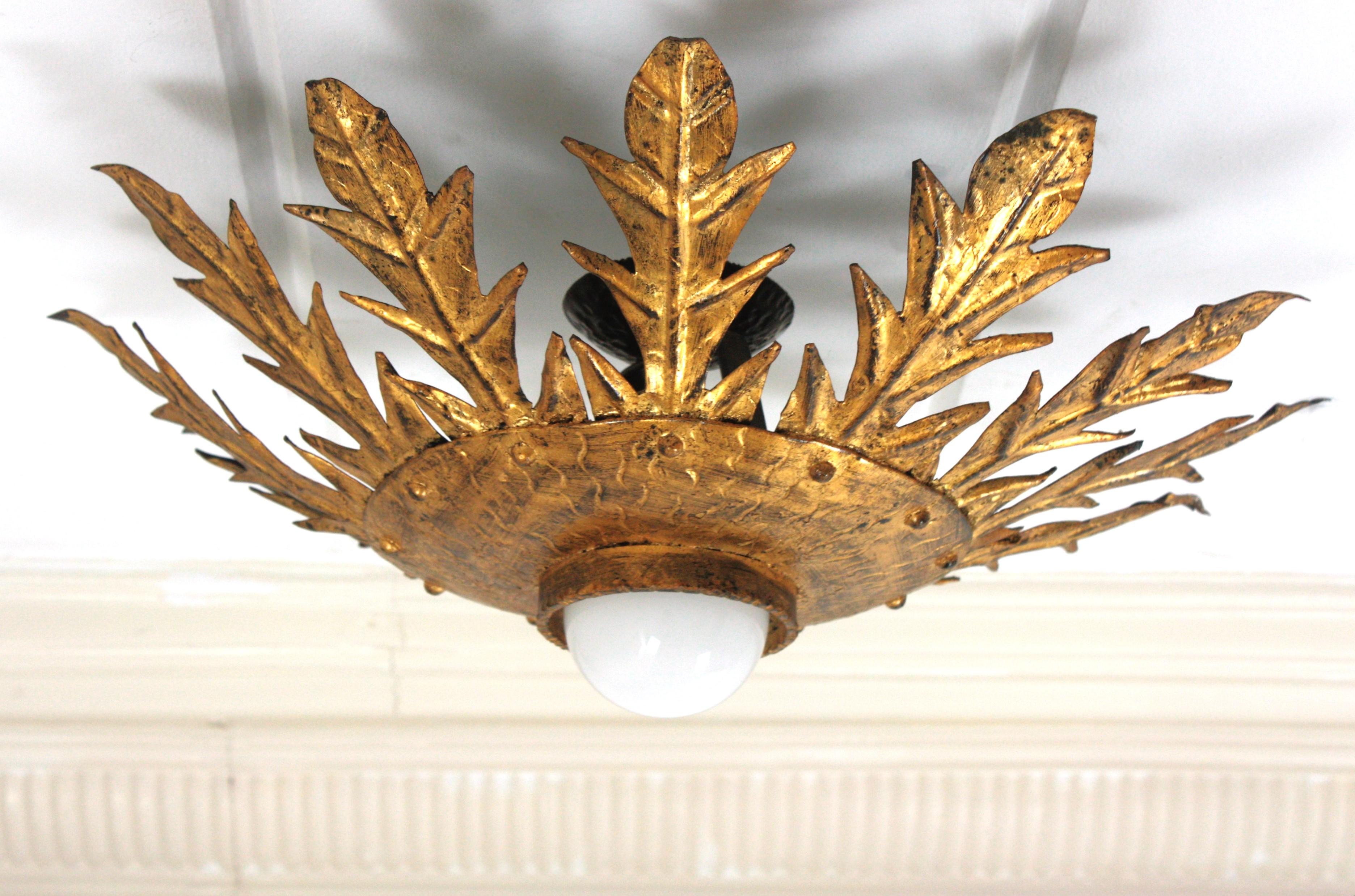 Sunburst Flush Mount Light Fixture with Leaves, Gilt Wrought Iron, 1950s im Angebot 9