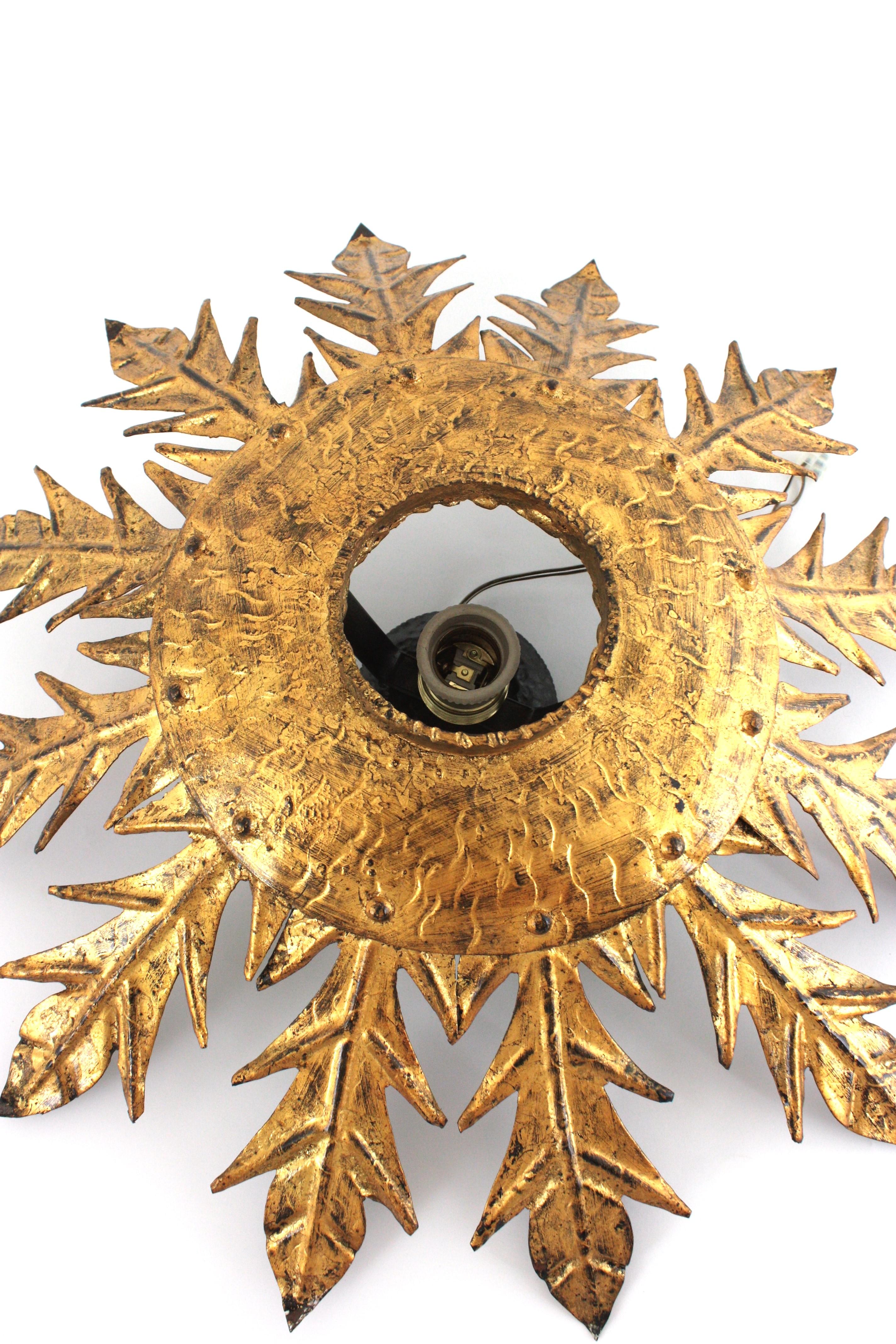 Sunburst Flush Mount Light Fixture with Leaves, Gilt Wrought Iron, 1950s im Angebot 10