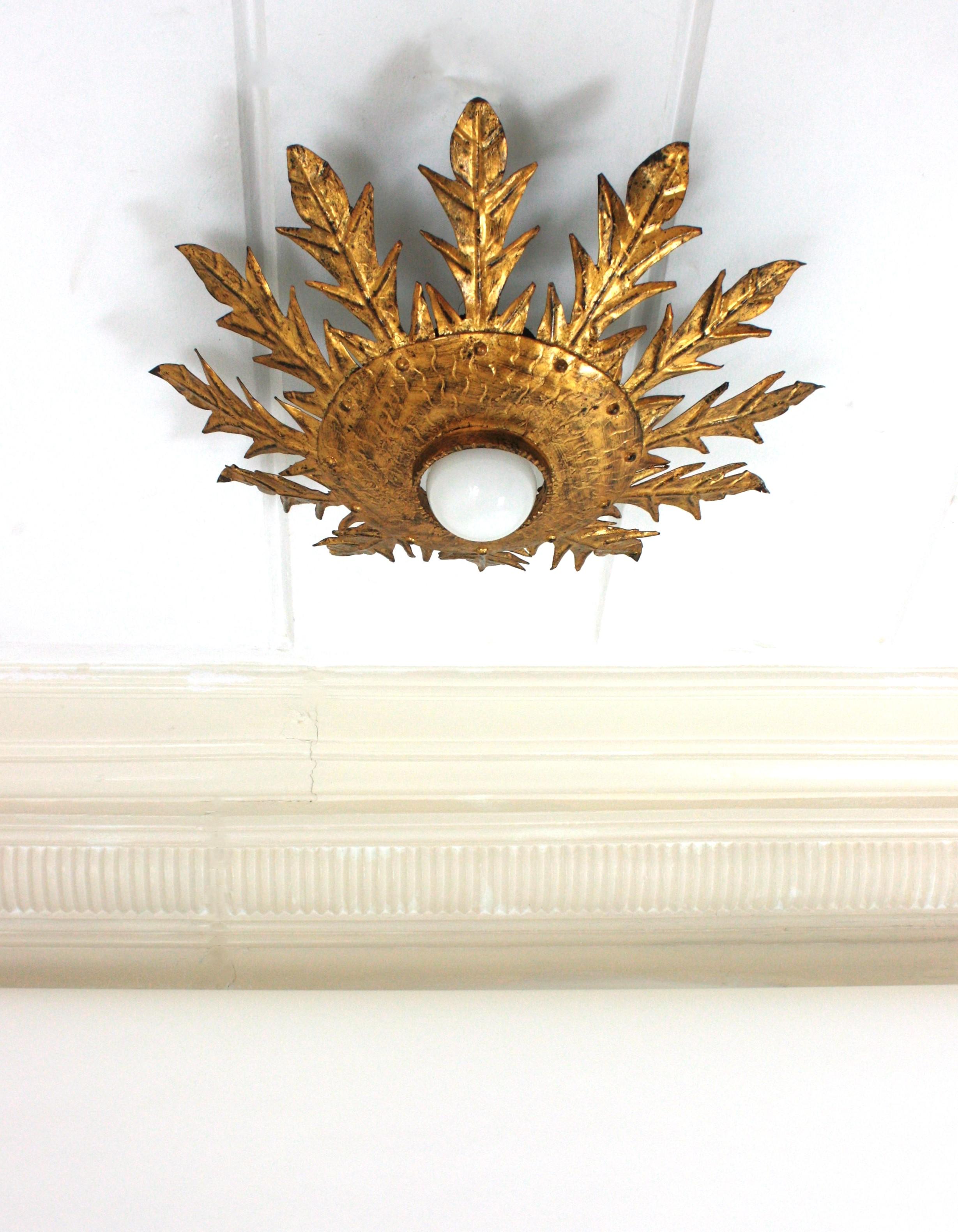 Sunburst Flush Mount Light Fixture with Leaves, Gilt Wrought Iron, 1950s (Moderne der Mitte des Jahrhunderts) im Angebot