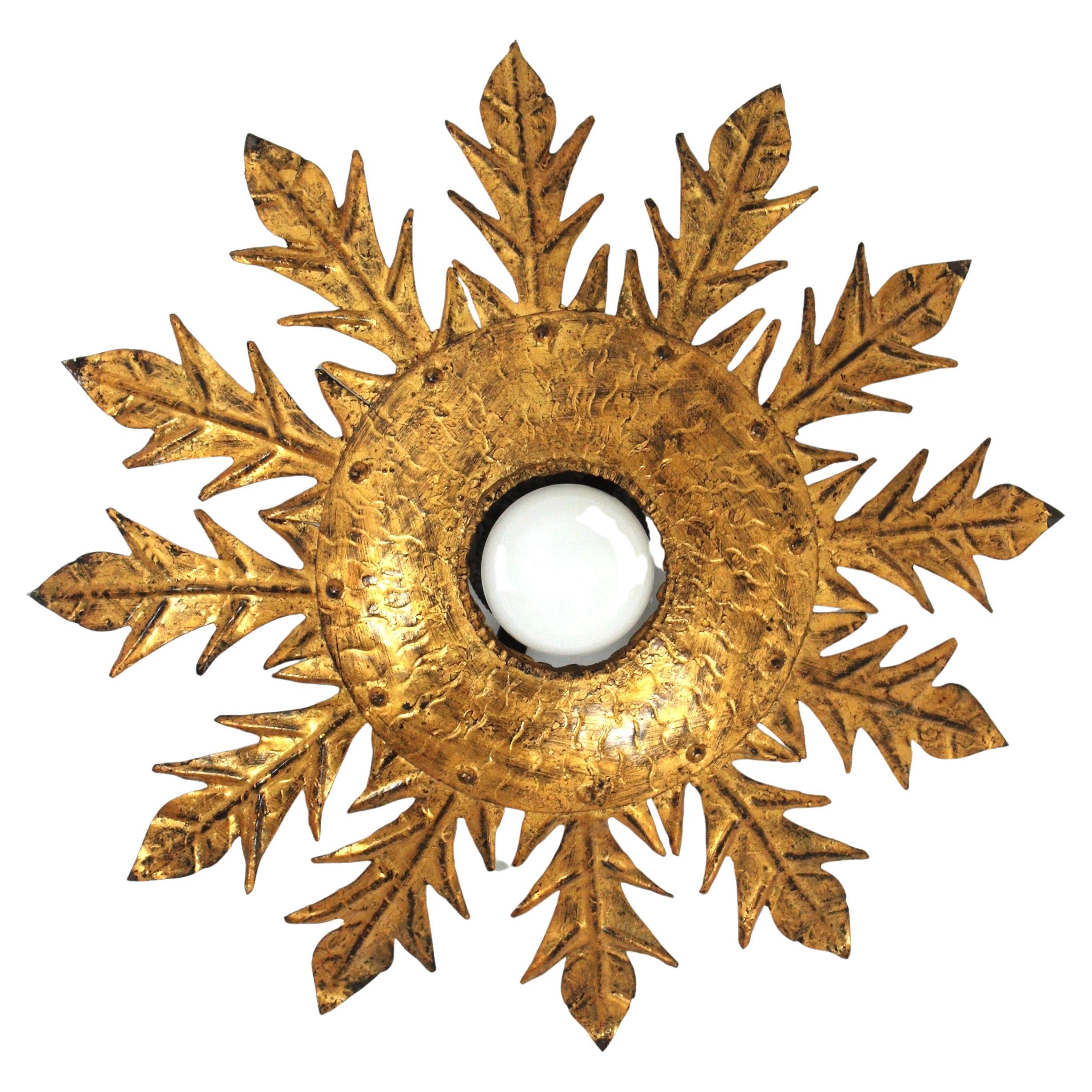 Sunburst Flush Mount Light Fixture with Leaves, Gilt Wrought Iron, 1950s